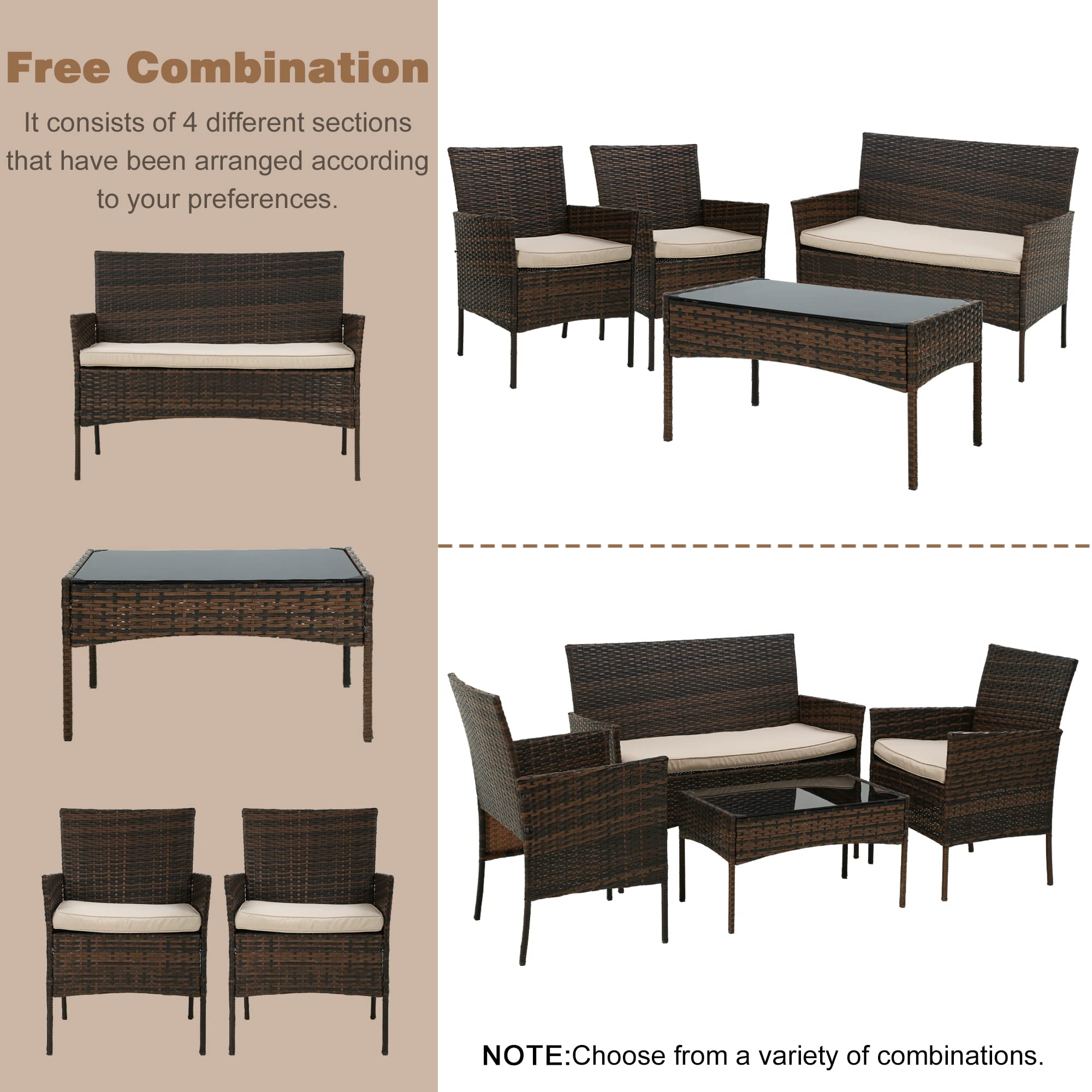 BestOffice 4-Piece Rattan Patio Furniture Set - Indoor/Outdoor Wicker Loveseat with Table & Beige Cushions - Perfect for Backyard, Garden, Porch, Balcony or Lawn Conversation Area (Brown)