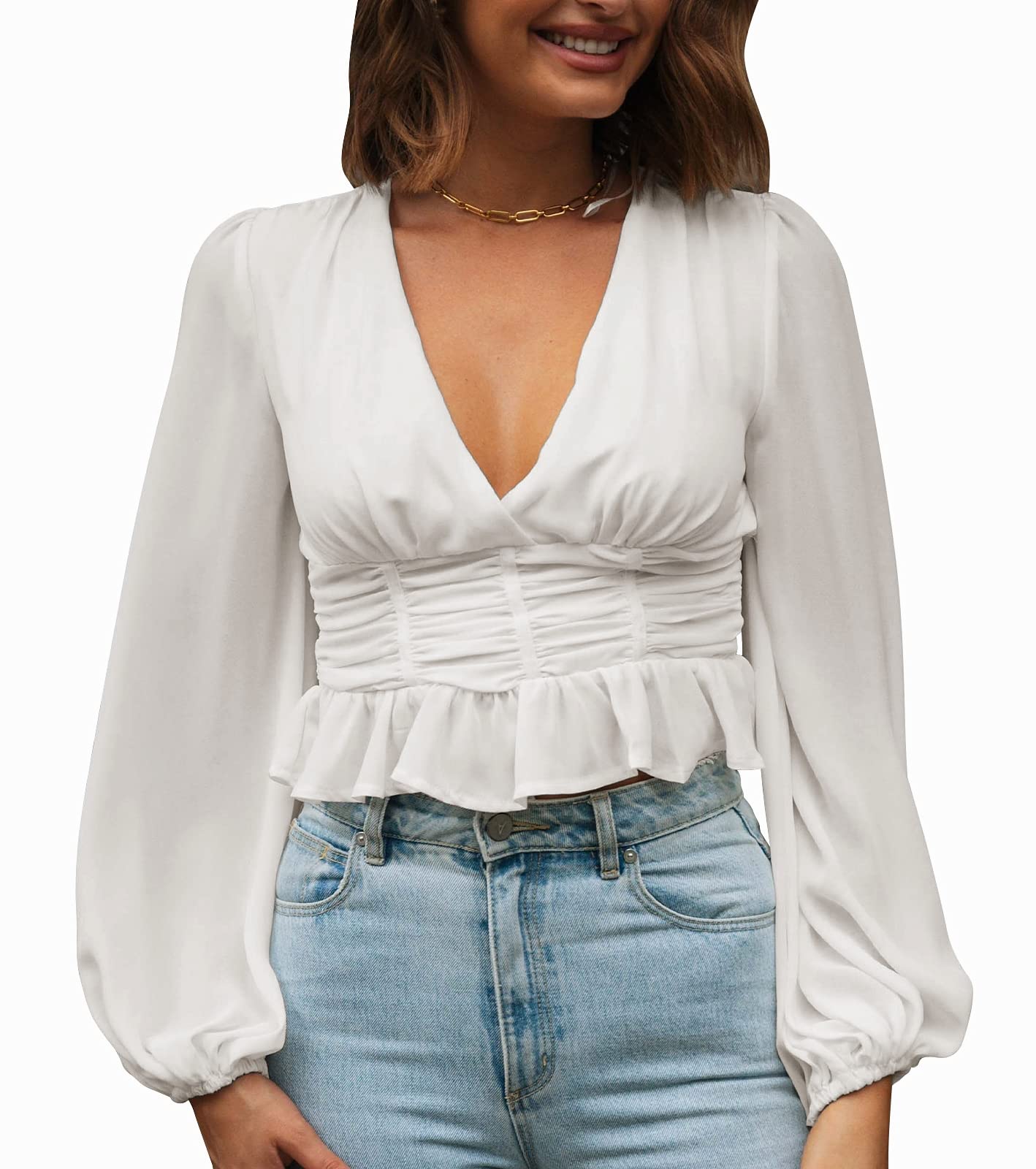 Sexy V-Neck Long Sleeve Blouse for Women - Slim Fitted Solid Color Crop Top Shirt | Perfect for Date Night, Office Wear & Casual Outfits