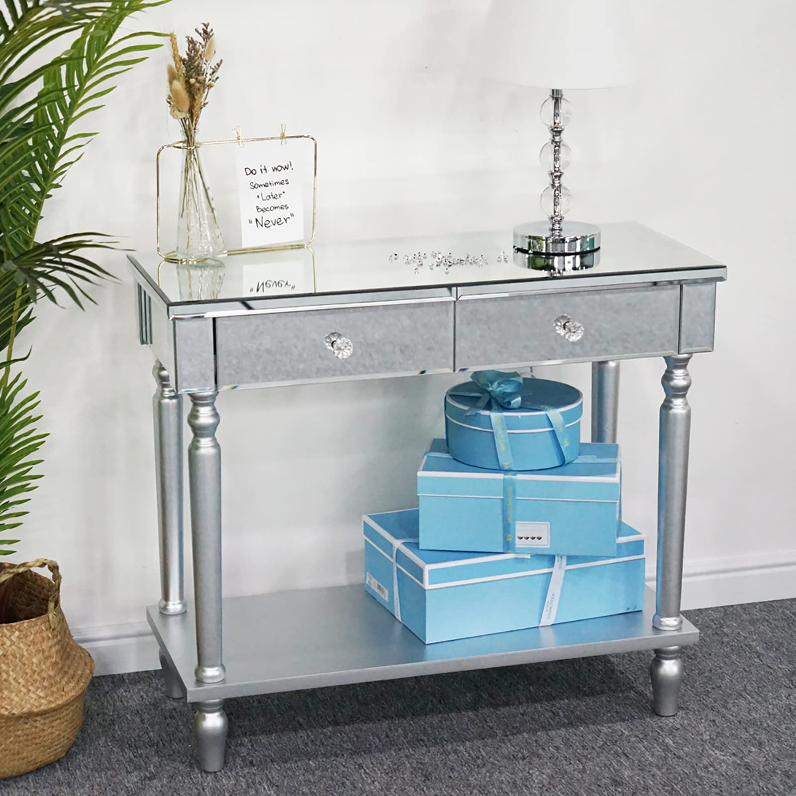 2 Drawers with Shelf Mirror Dressing Table - White Vanity Desk with Crystal Knobs for Makeup, Home Office & Bedroom - Elegant Console Table for Women, Smooth Finish, Versatile for Living Room & Entryway