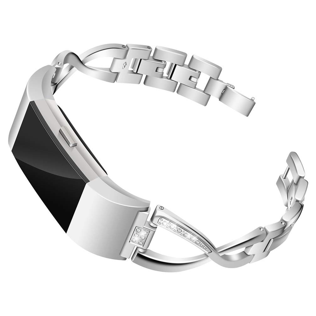 Stainless Steel X-Shape Rhinestone Watch Band Replacement for Fitbit Charge 2 - Elegant & Durable Strap for Work, Gym & Everyday Wear