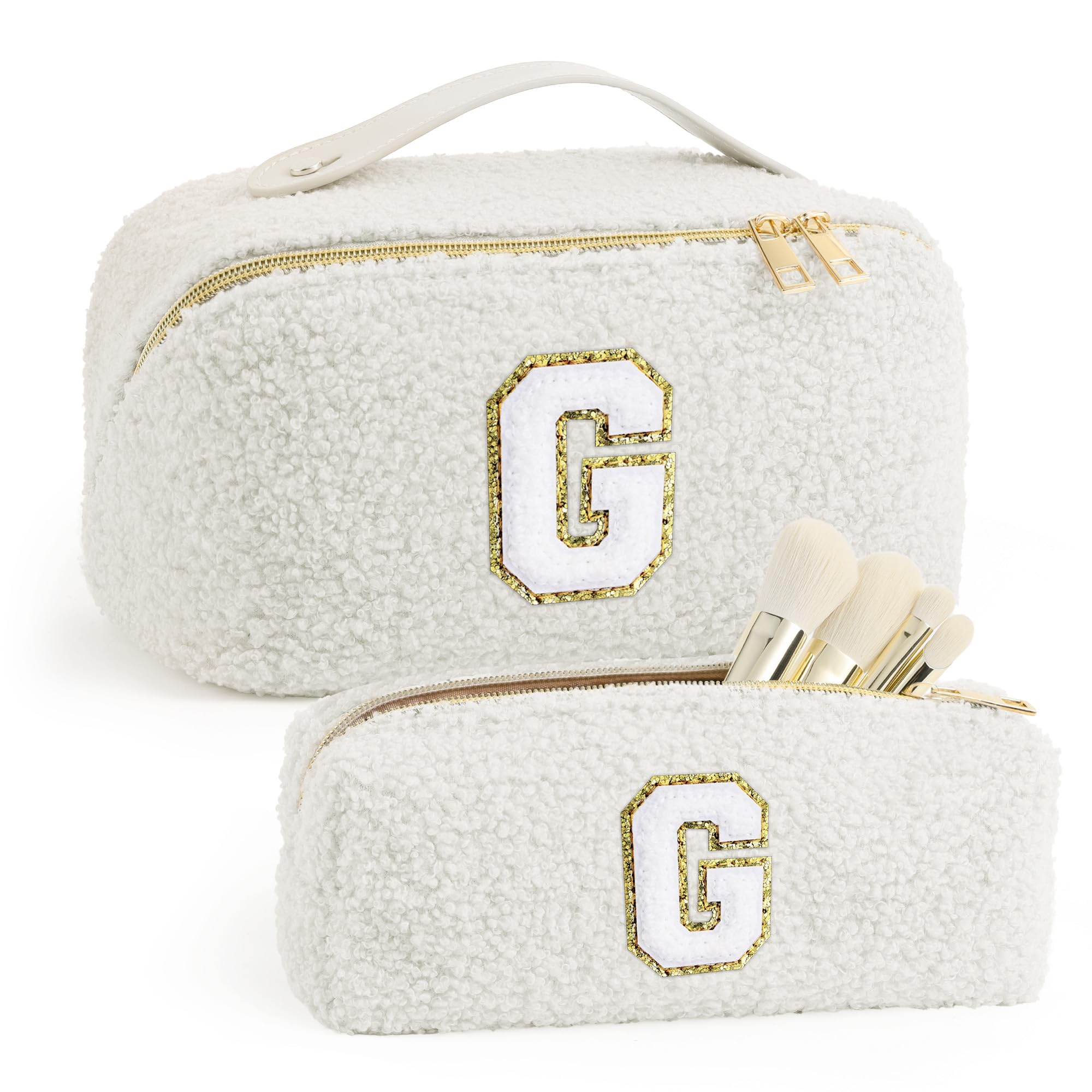 YOOLIFE Personalized Monogram Travel Makeup Bag - Cute Initial Cosmetic Pouch for Women, Waterproof Toiletry Organizer | Perfect for Travel, Gym, Bridal Shower & Birthday Gifts for Girlfriend (White)