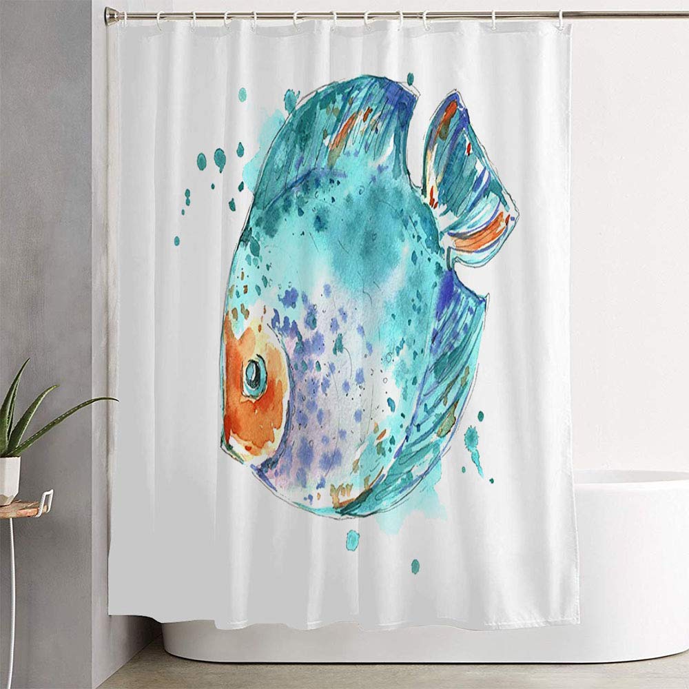 Waterproof Fabric Shower Curtain 72x78 Inches - Blue Watercolor Exotic Fish Coral Abstract Design with Hooks for Bathroom Decor | Wildlife & Ocean Theme Bath Accessory for Home Spa Relaxation