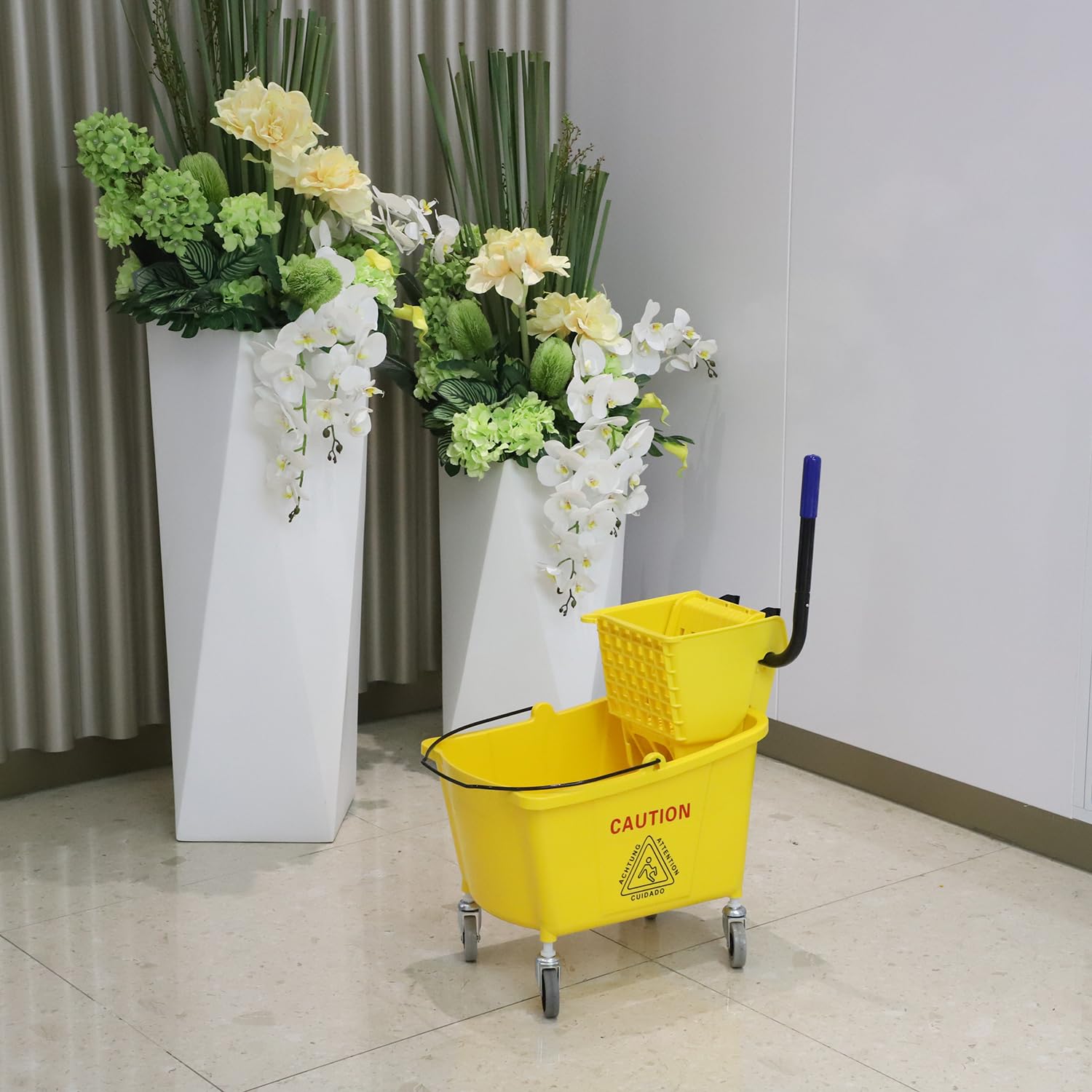 Commercial Mop Bucket with Side Press Wringer on Wheels, 35Qt Heavy-Duty Yellow Cleaning Bucket with Wringer - Includes 1 Professional Mop for Floor Cleaning - Ideal for Janitorial, Hospital, and Restaurant Use
