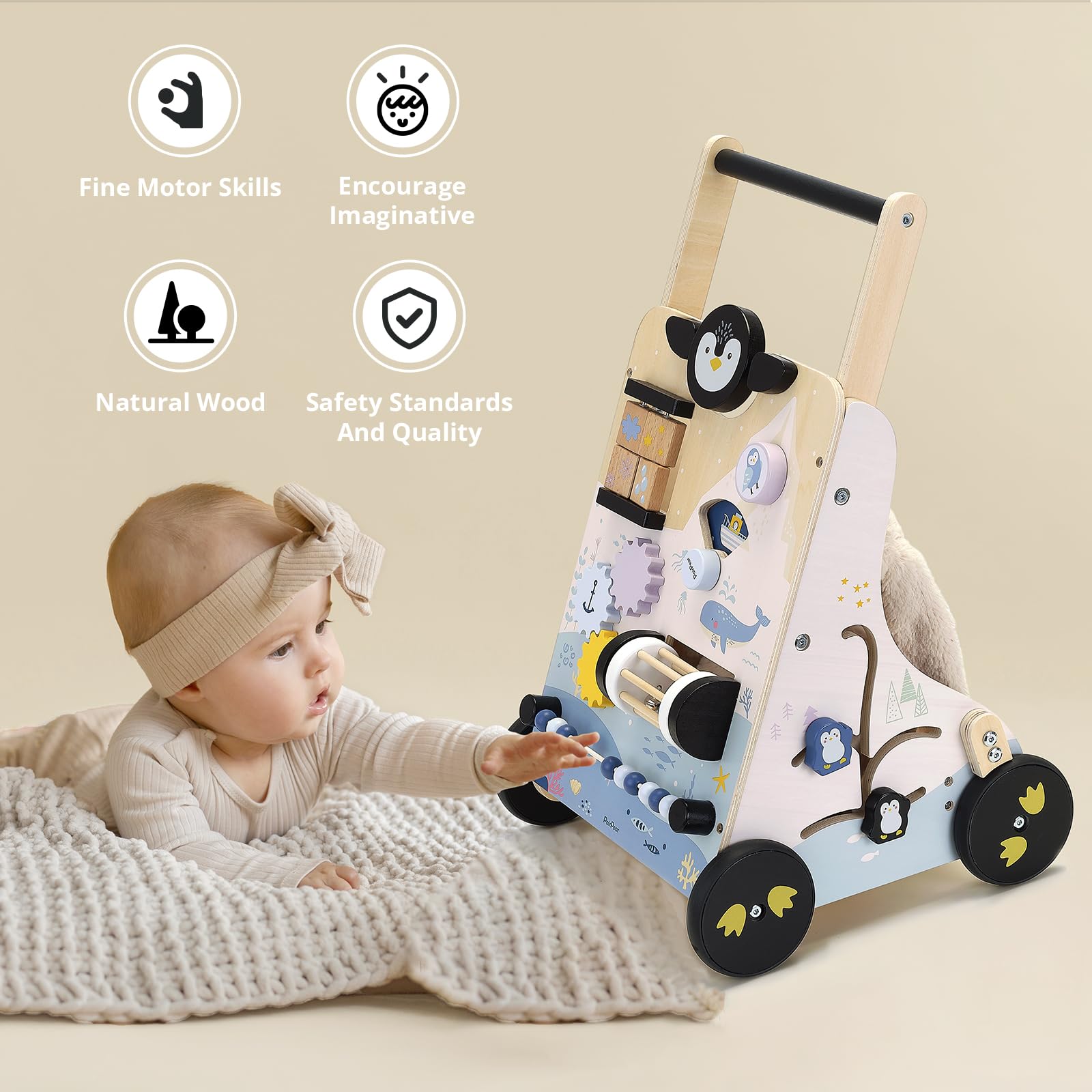 Montessori Wooden Baby Walker & Push Toy with Shape Sorter - Adjustable Speed Learning Activity Center for 1-3 Year Old Boys & Girls | Perfect for Early Childhood Development & Indoor Playtime (Polar Region Design)