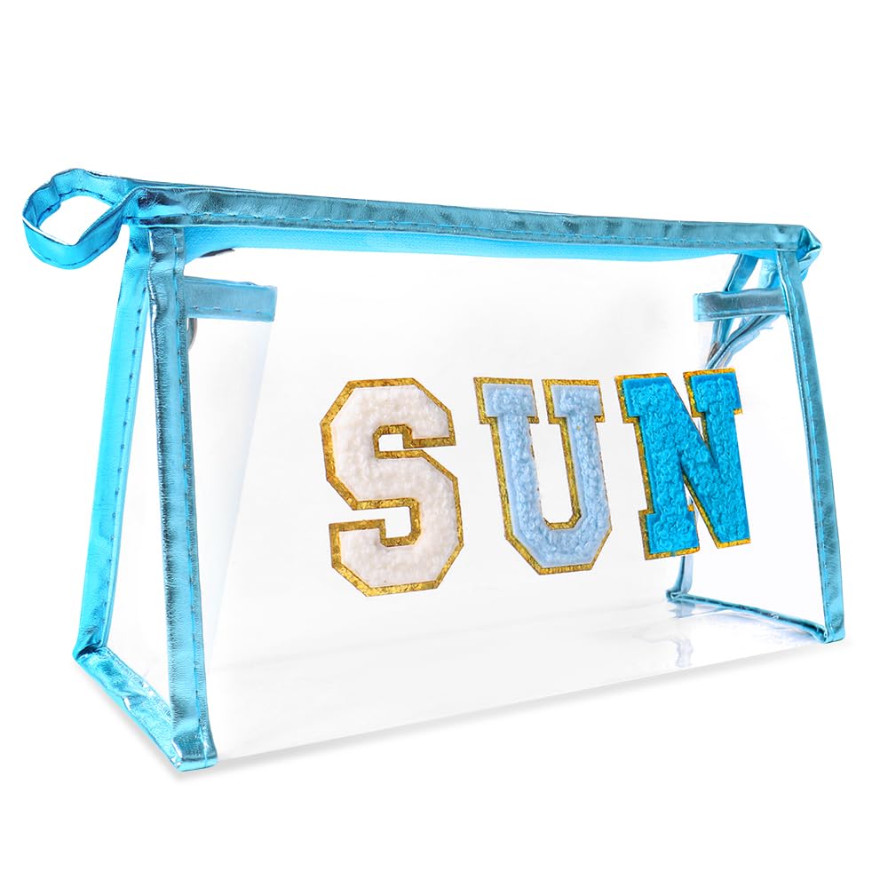 Clear Makeup Bag for Women & Teens - Preppy Patch SUN Varsity Letter Cosmetic Pouch, Transparent PVC Zipper Toiletry Bag, Waterproof Travel Organizer for Cosmetics, Sunscreen & Essentials | Perfect for Travel, Gym, Beach & Daily Use