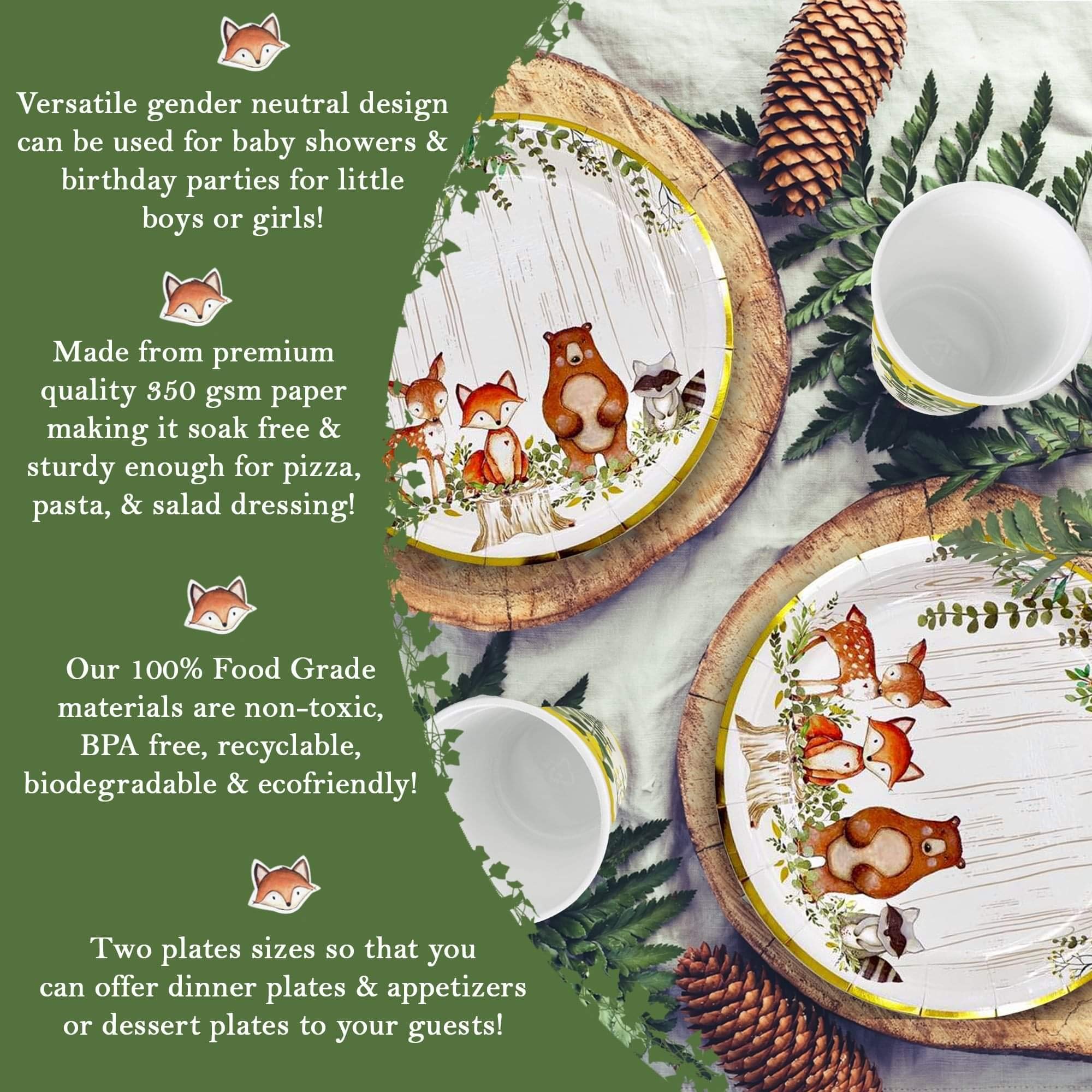 YARA 96-Piece Woodland Animals Baby Shower & Birthday Party Supplies Set - Fox Theme Disposable Tableware (Plates, Napkins, Cups) for Boys & Girls - Forest Creatures Decorations - Serves 24 Guests - Perfect for Baby Showers, Birthday Parties & Themed Events