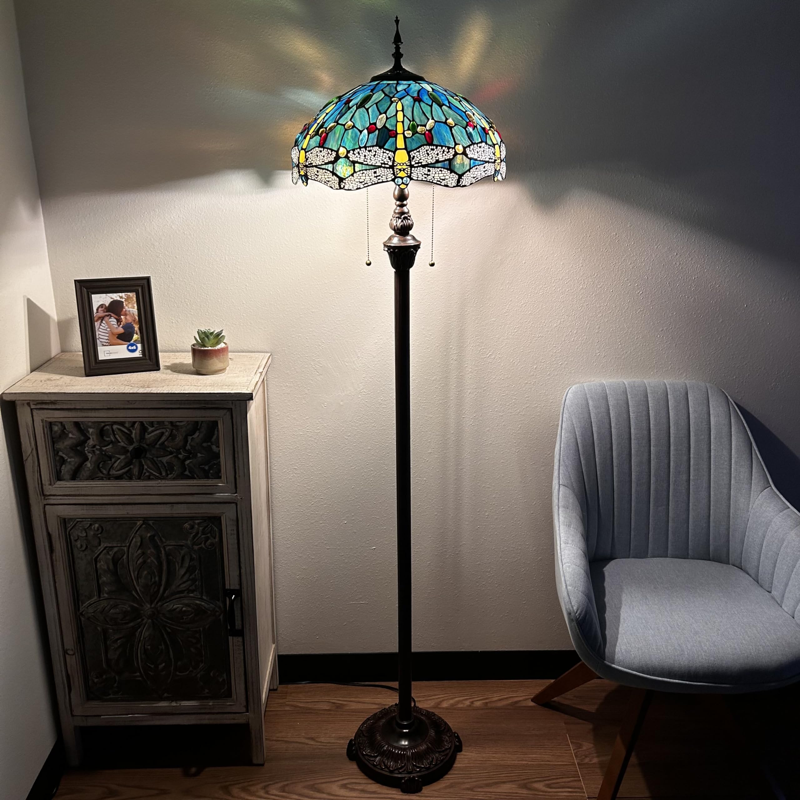 Tiffany Style Dragonfly Stained Glass Floor Lamp with Metal Base - Green & Blue Art Nouveau Design, Includes LED Bulbs (16