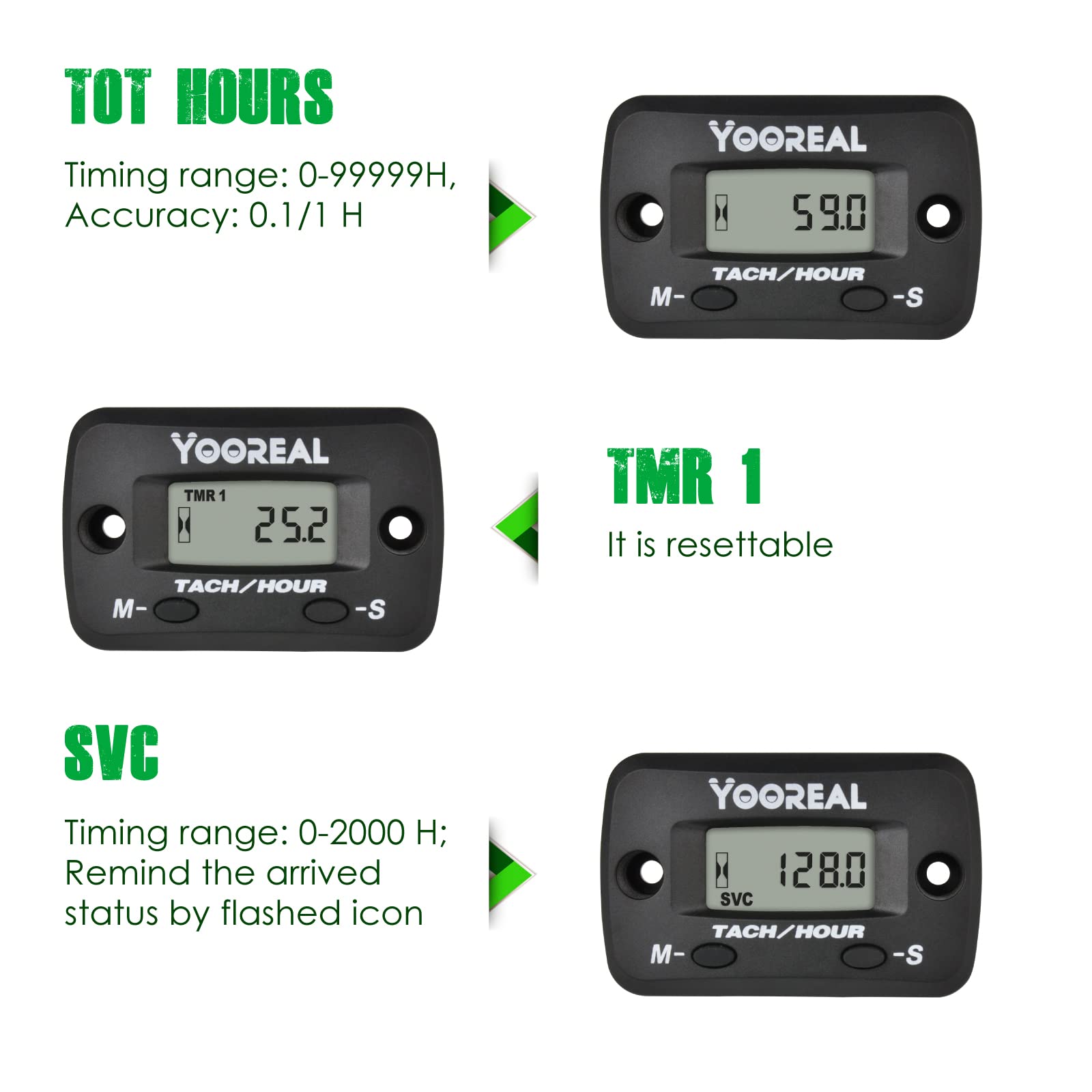 Yooreal Digital Hours Meter Tachometer with Clip - Replaceable Battery, Waterproof Engine Hour Counter for Lawn Mower, Brush Cutter, Generator, Air Compressor, Scooter, Chainsaw - Track Usage Time for Maintenance & Service Reminders