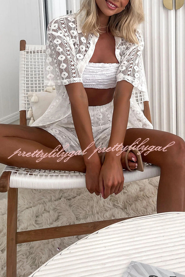 Floral Lace Short Sleeve Loose Blouse - Women's Summer Boho Top for Beach, Vacation & Casual Outings