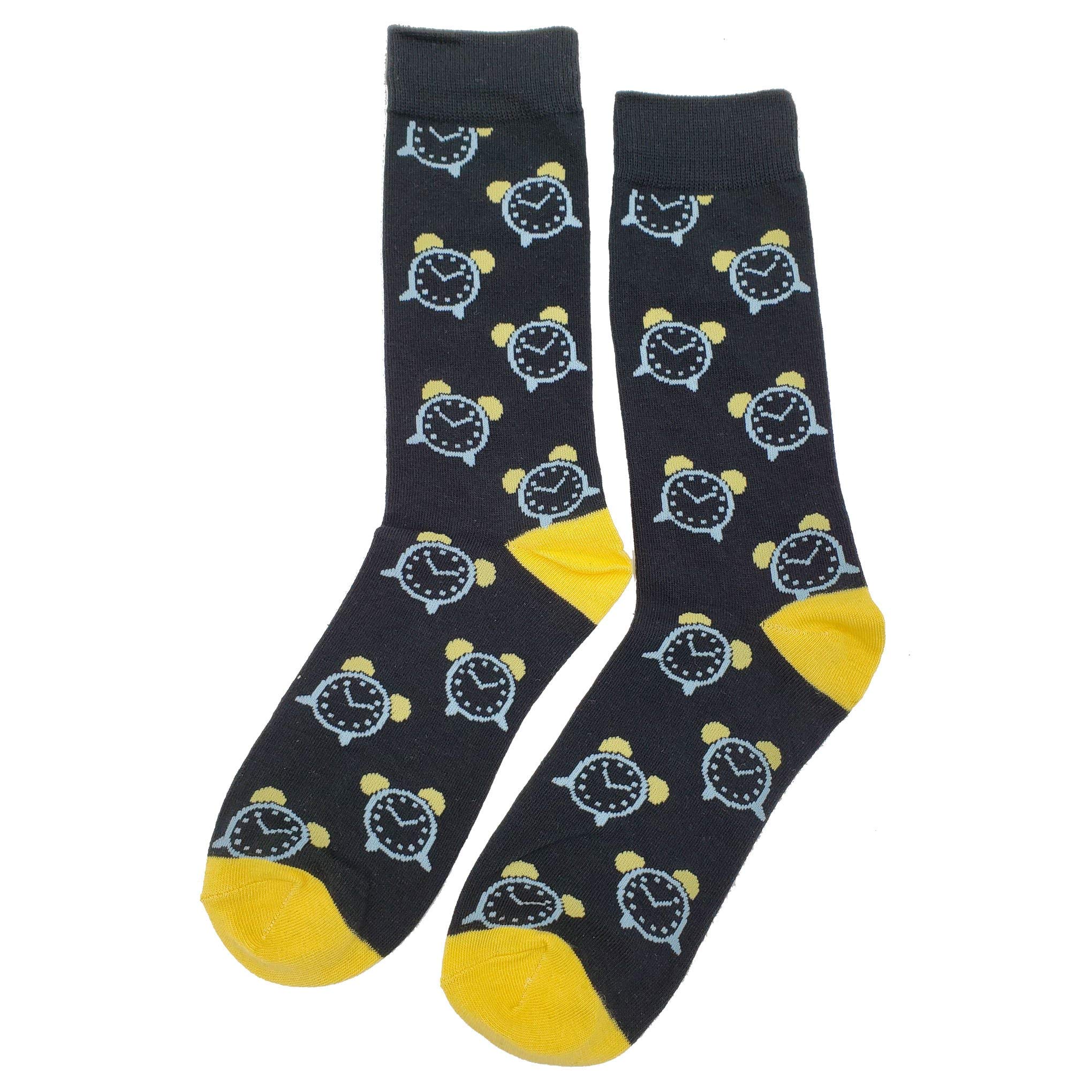 Funny Novelty Alarm Clock Dress Socks for Men - Cotton Crew Socks Size 8-12 - Colorful Crazy Fun Design - Perfect Gift for Him - Great for Office, Casual Wear & Funny Gift Occasions