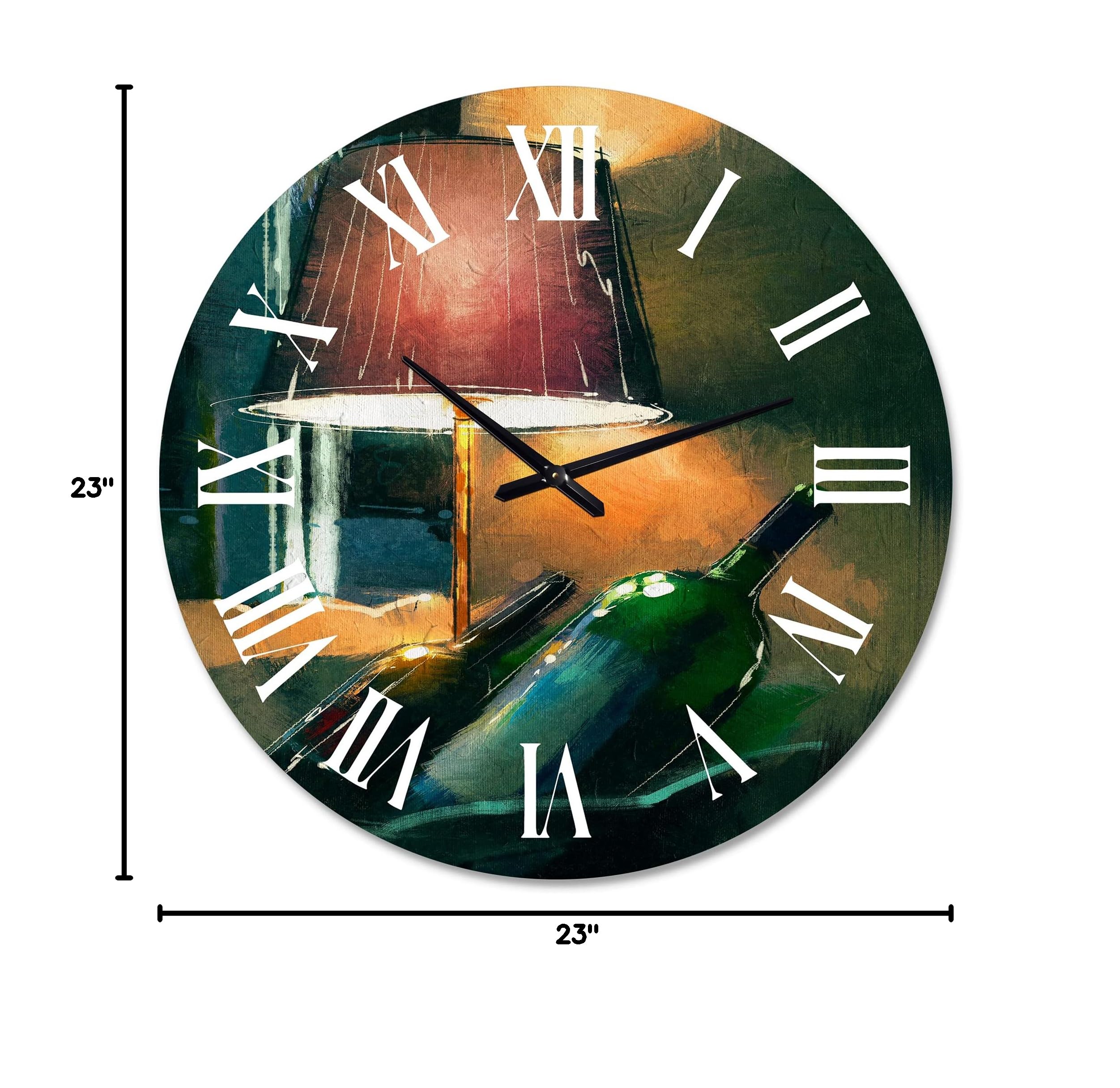 DesignQ Modern Wall Clock - Wine Bottles & Lamp Glowing Orange at Night - Large Food & Beverage Themed Wall Art for Living Room, Kitchen, Bar Decor - Perfect for Home, Office & Restaurant Interior Design