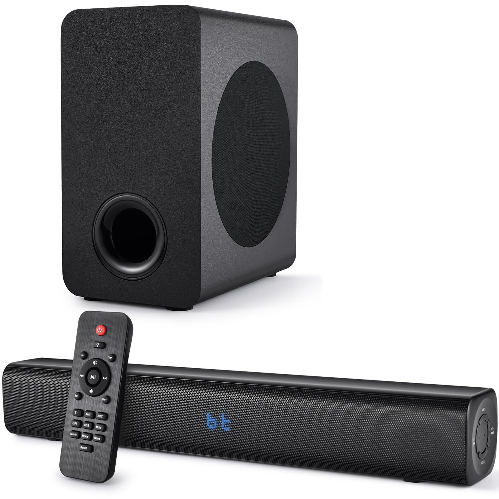 Premium Bluetooth Sound Bar with Subwoofer - Wireless TV Speaker System, 2.1CH Home Theater Audio with HDMI(ARC), Optical, AUX & USB - Wall Mountable for TVs & PCs (Carbon Black) - Perfect for Movie Nights, Gaming & Music Streaming