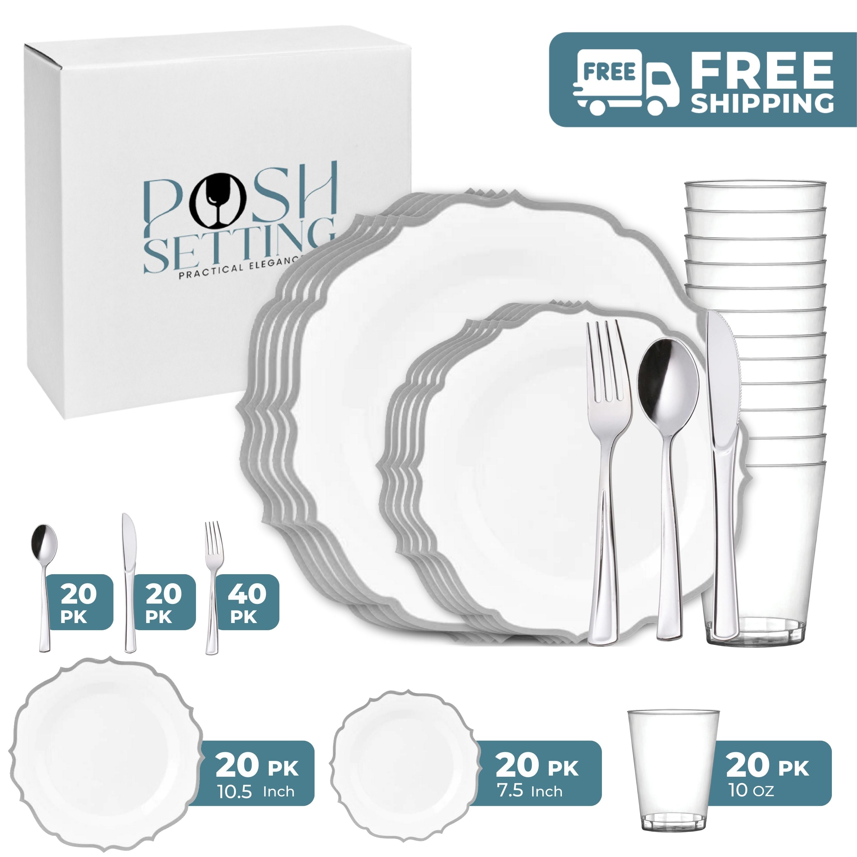White and Silver Plastic Party Bundle - Elegant Disposable Tableware Set for Weddings, Birthdays & Events - Perfect for Celebrations, Gatherings & Special Occasions