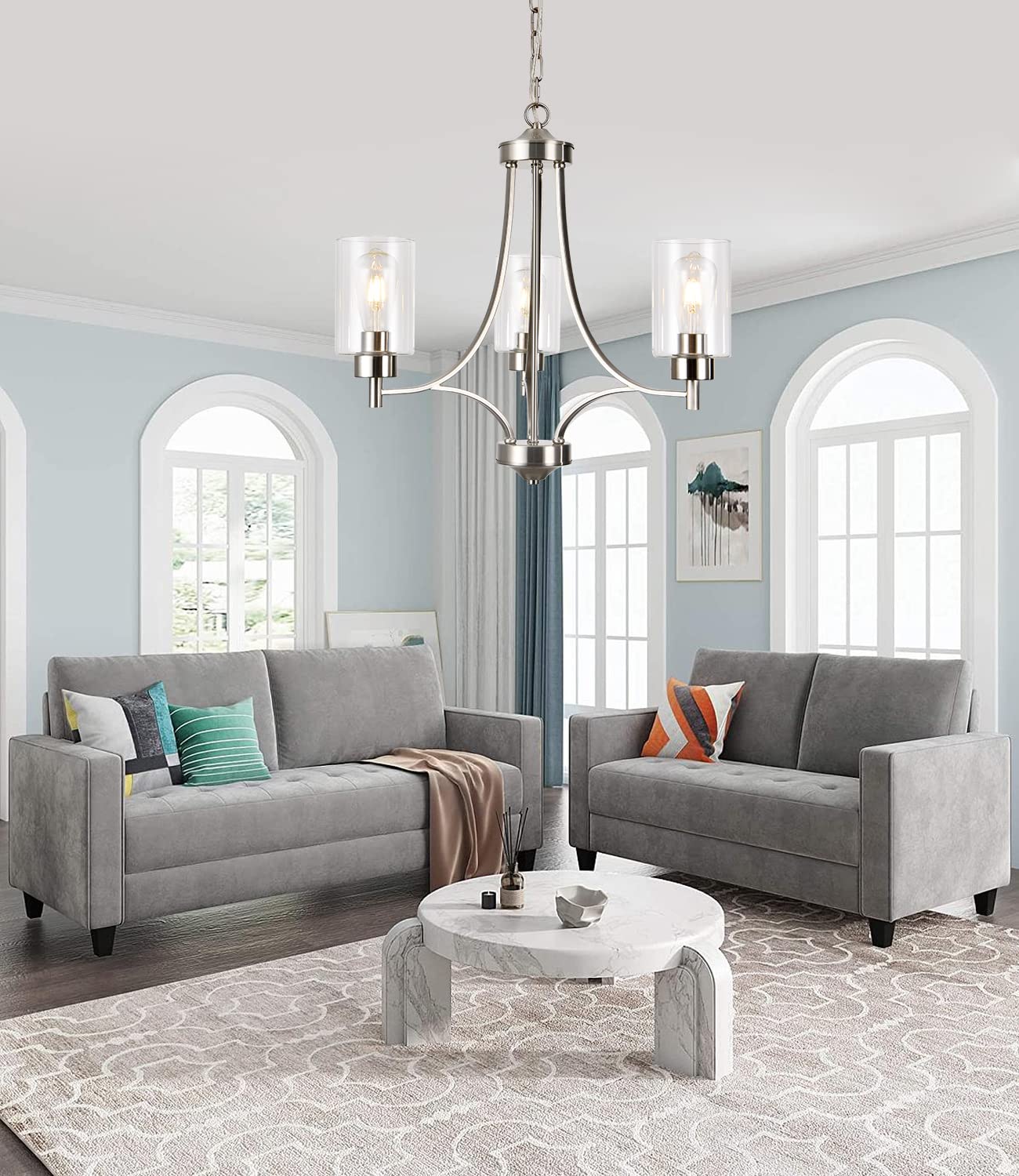 BOZO 3-Light Modern Chandelier - Brushed Nickel Pendant Lighting with Clear Glass Shades - Contemporary Ceiling Light Fixture for Dining Room, Kitchen, Living Room - Perfect for Home Decor & Interior Lighting