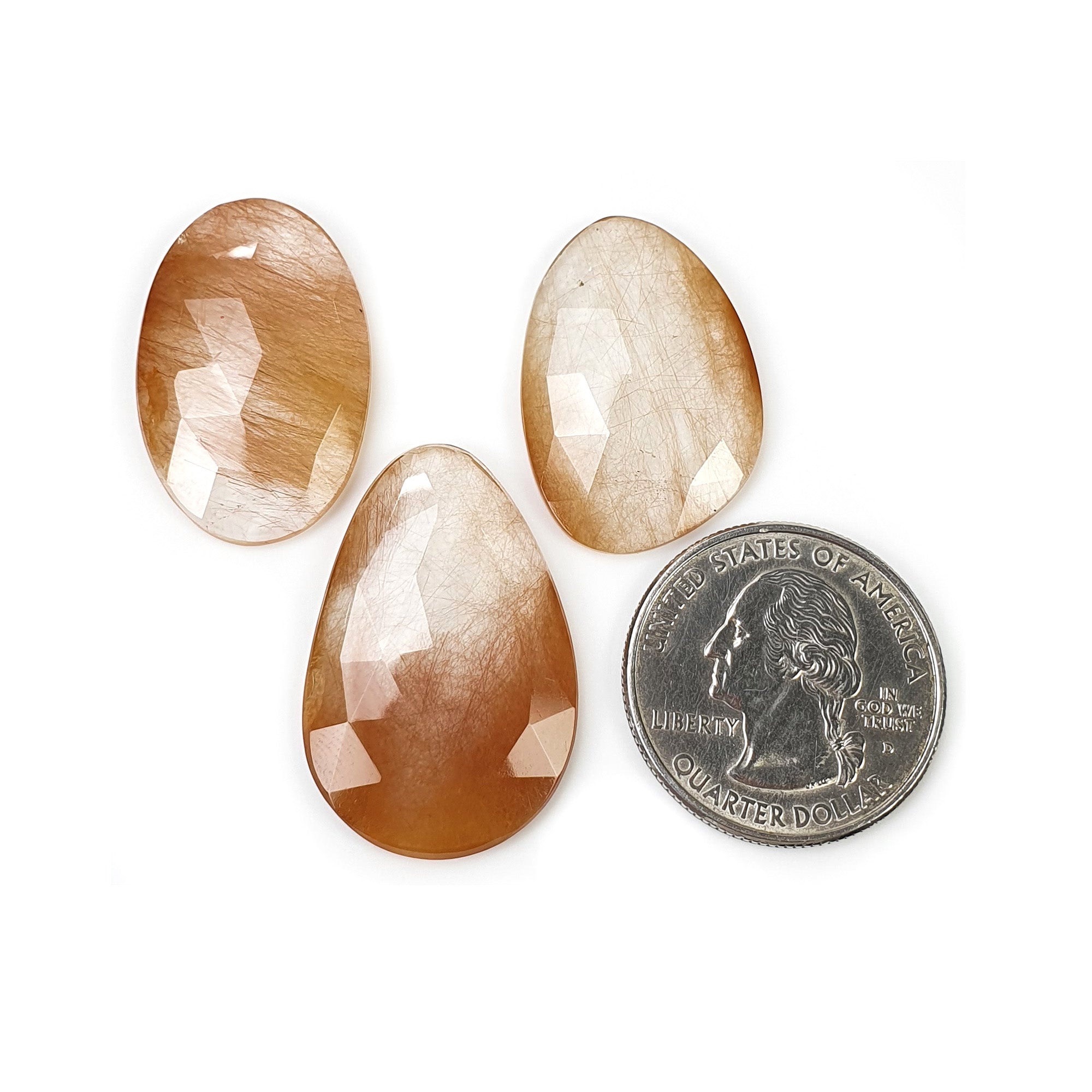 Natural Brown Rutile Quartz Gemstone Rose Cut - 52.50cts Untreated Unheated Rutile (31x20mm & 28x18mm, 3pcs) with Video - Perfect for Jewelry Making, Crystal Healing & Mineral Collection