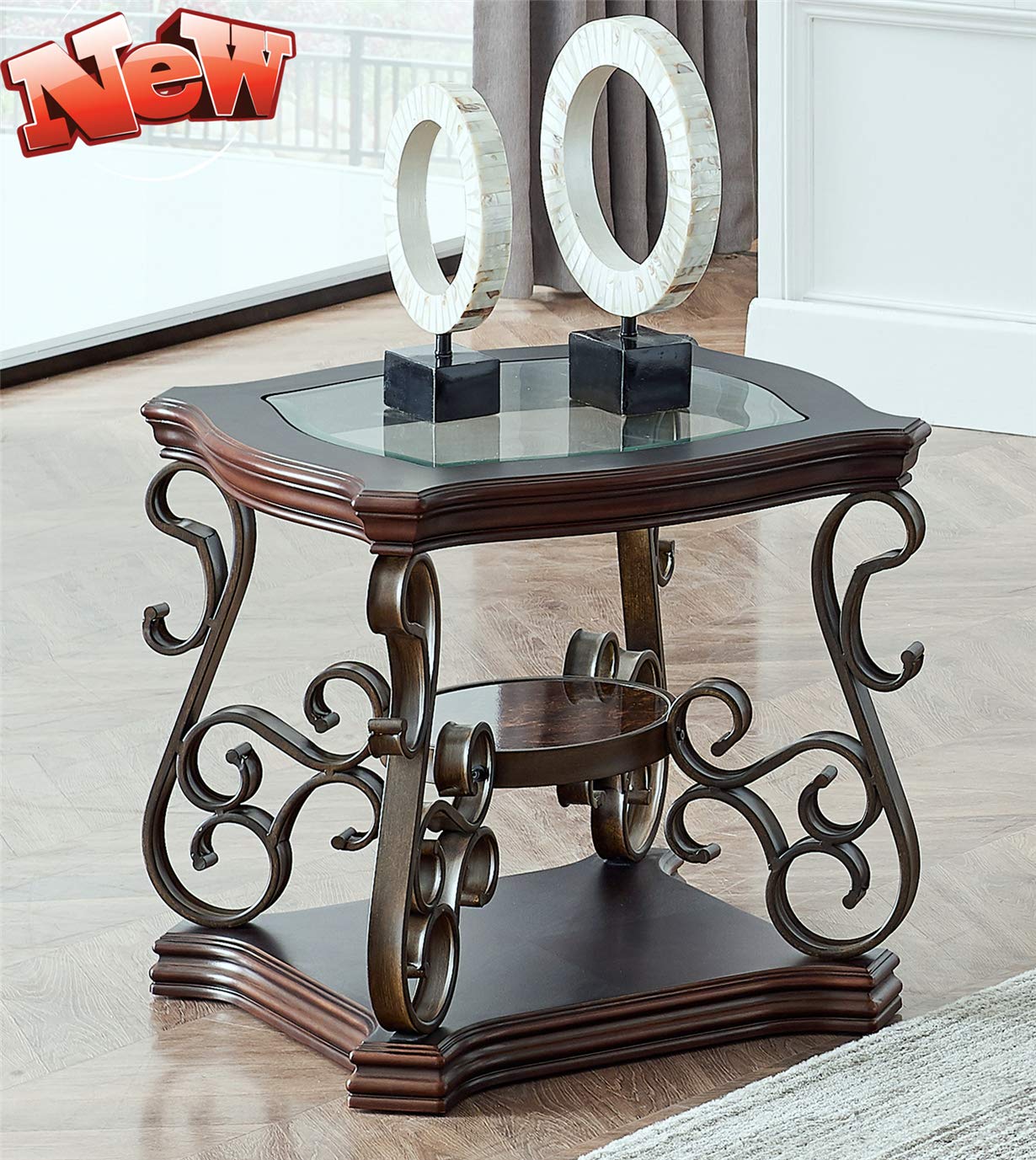 DOONHEXS Upgraded Sturdy End Table for Living Room - Thickened Wooden Side Table with Glass Top, Retro Dark Brown Sofa Table, Marble Shelf & Anti-Rust Metal Legs (26.3