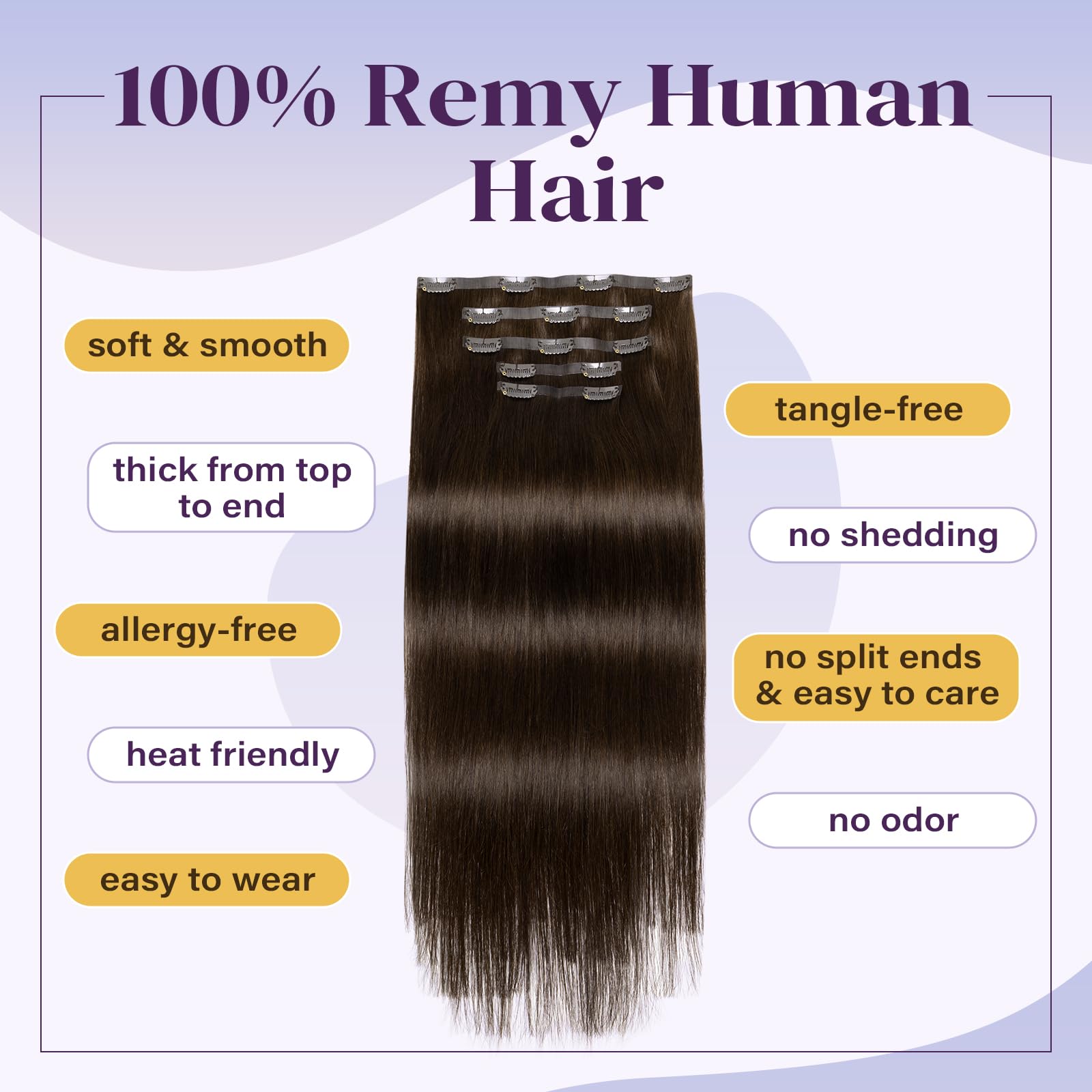 HEHUA 100% Human Hair Clip-In Extensions - 24 Inch 5-Piece Set (100g) Dark Brown Remy Hair Seamless & Invisible for Women | Perfect for Daily Wear, Parties & Special Occasions