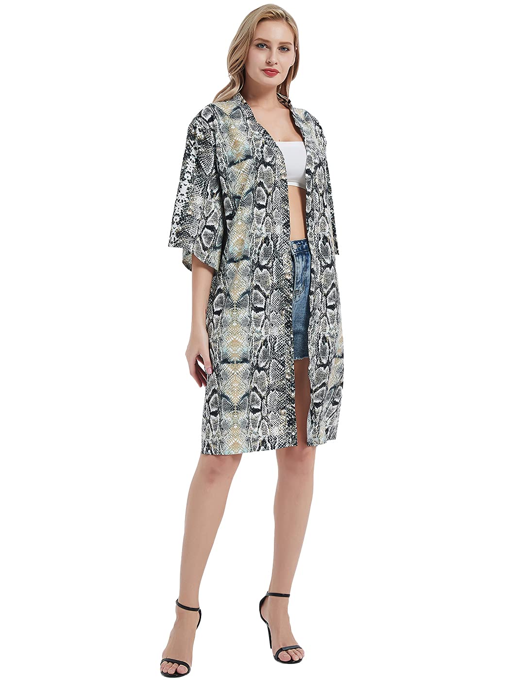 Anna-Kaci Women's Floral Print Short Sleeve Cardigan - Lightweight Long Open Front Kimono Cover Up - Perfect for Beach, Vacation & Casual Outfits