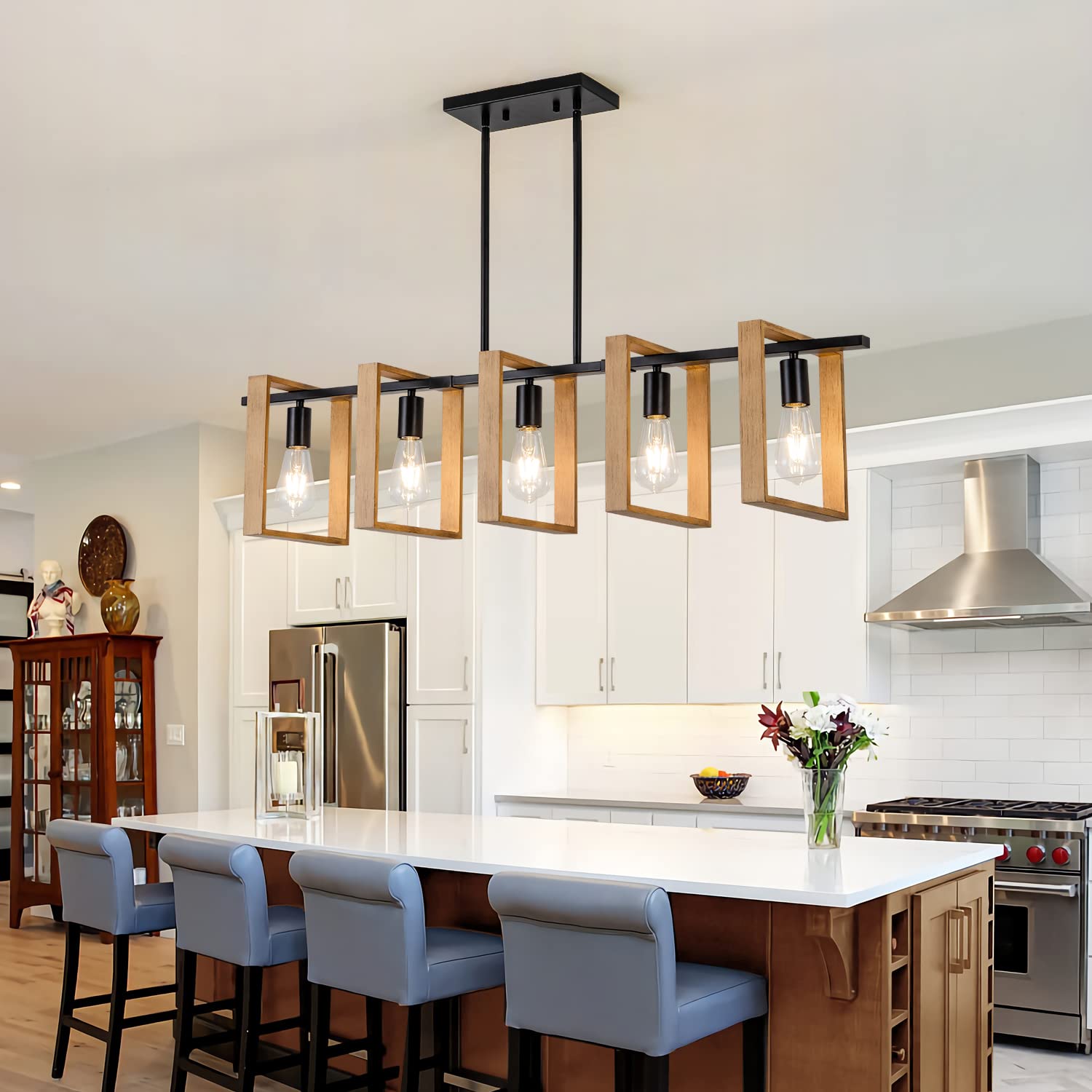 Farmhouse Chandelier - 5-Light Wood and Black Rustic Pendant Lighting for Dining Room & Kitchen Island (41.3