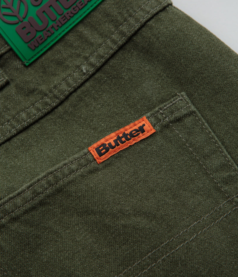 Butter Goods Weathergear Denim Shorts - Faded Army Green Distressed Men's Casual Shorts for Summer Outdoor Streetwear