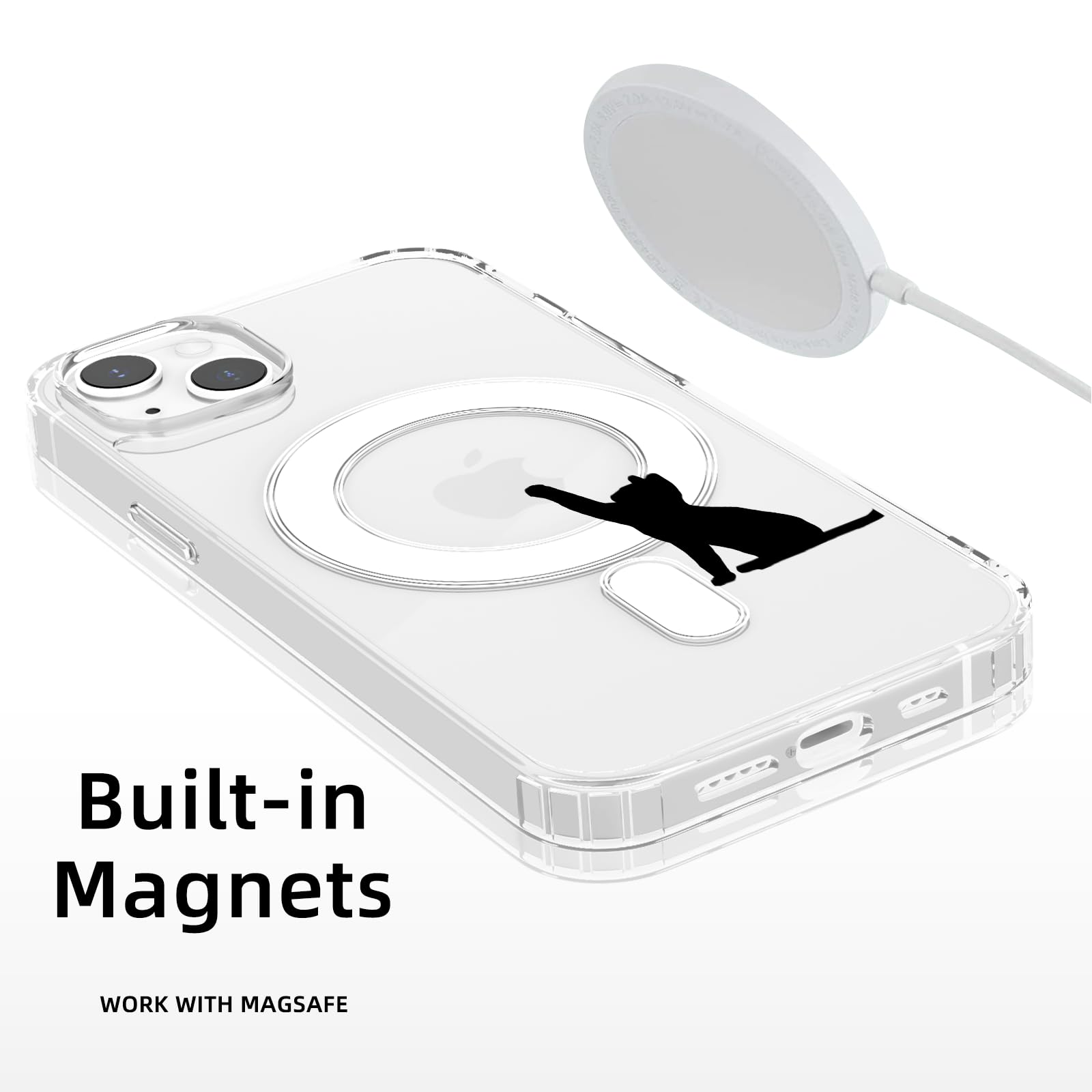 Magnetic Cute Black Cat Design Clear iPhone 14 Case - Compatible with MagSafe, Shockproof Protective Phone Cover for Women & Girls (Soft TPU & Hard Back) - Perfect for Everyday Use, Work, and Travel