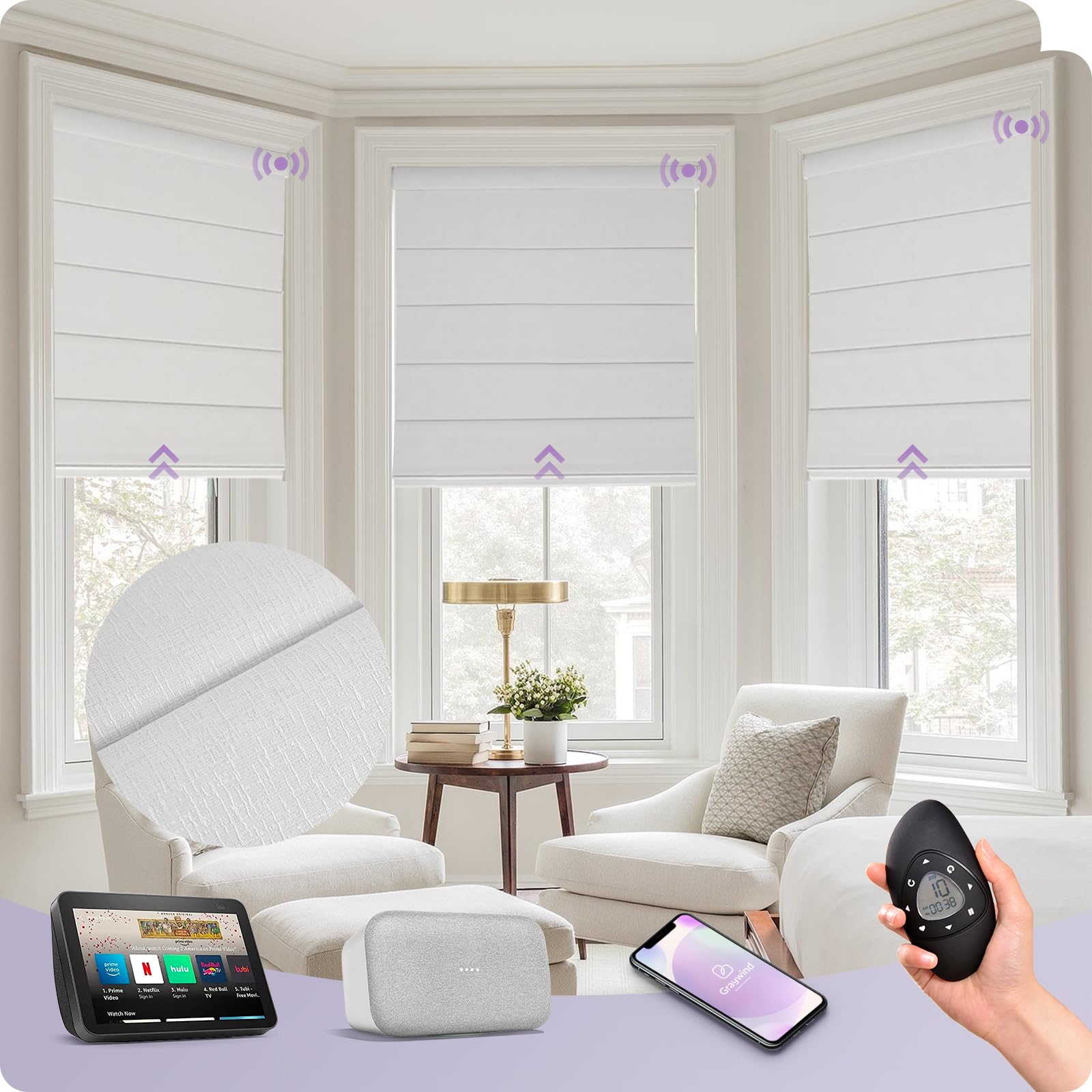 Graywind Smart Roman Shades - 100% Blackout Motorized Window Blinds with Alexa & Google Assistant, Rechargeable Battery, Remote Control, Room Darkening, Custom Size (Matelasse White) - Perfect for Bedrooms, Living Rooms & Home Offices
