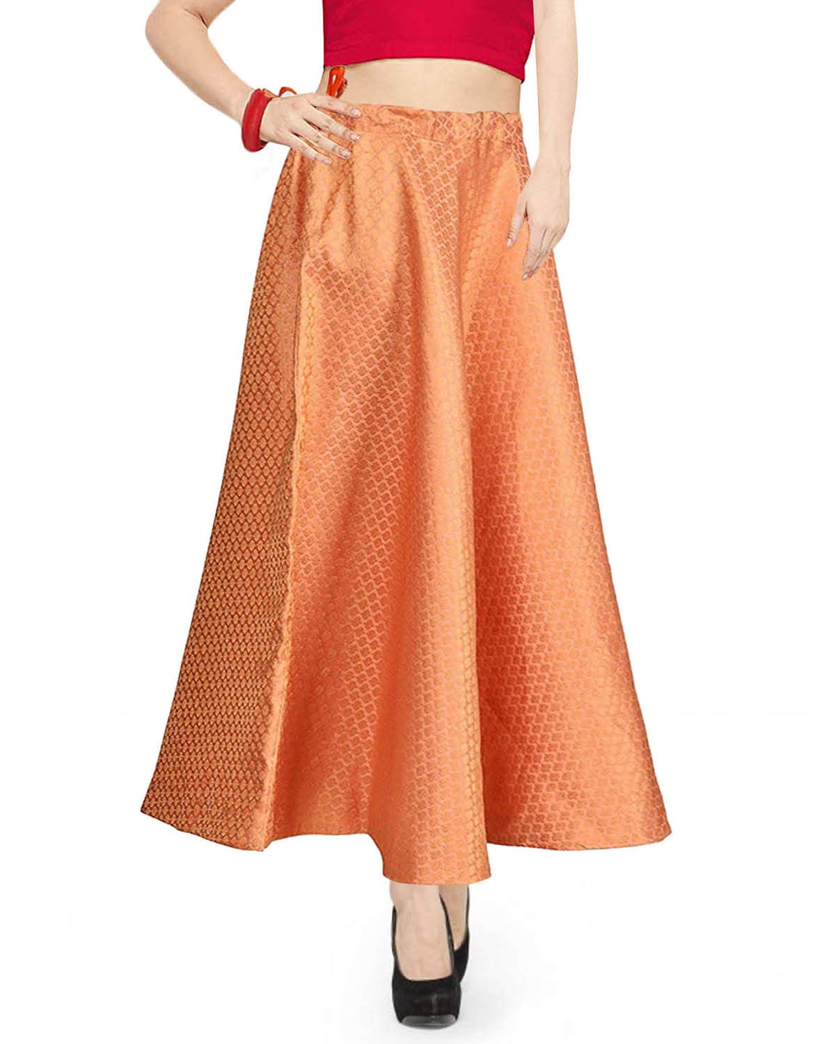 Elegant Long Brocade Skirt - Indian Lehnga Party Wear Dress for Women | Art Silk Umbrella Skirt | Perfect for Weddings, Festivals & Special Occasions