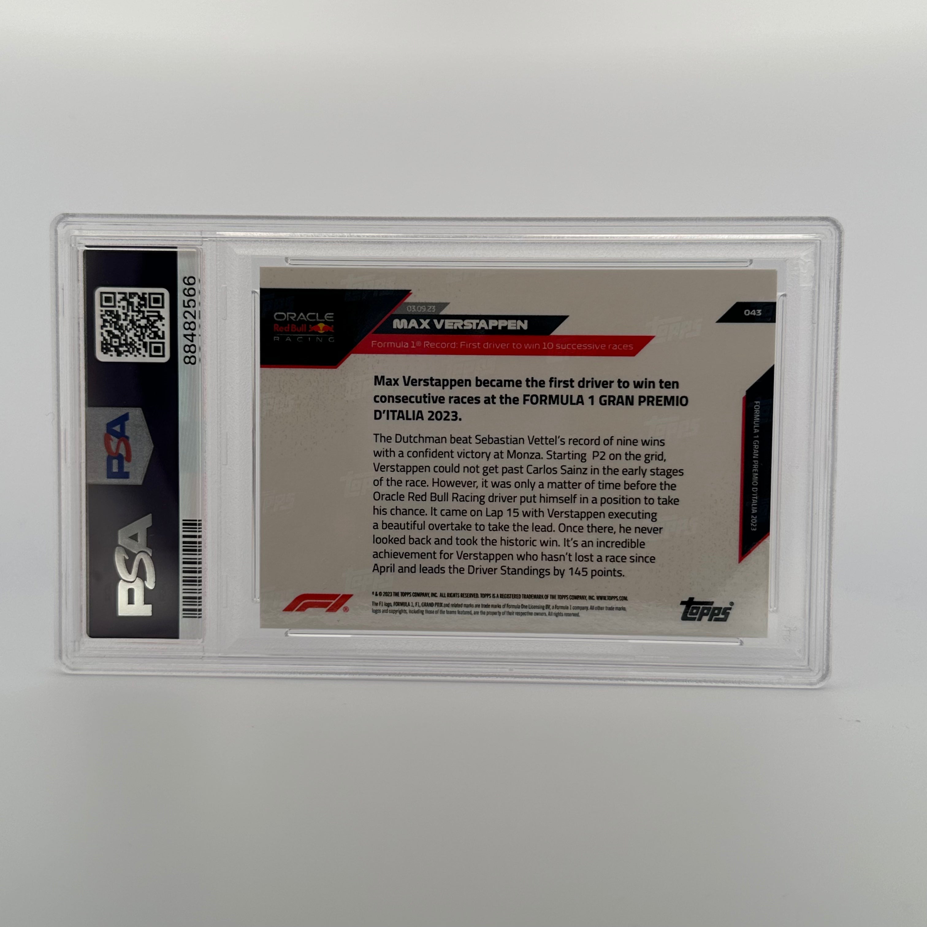 PSA 9 Graded Max Verstappen #43 Red Parallel 45/99 - 2021 Formula 1 Trading Card for Collectors & Racing Fans - Perfect for Display, Investment & Sports Memorabilia Collections