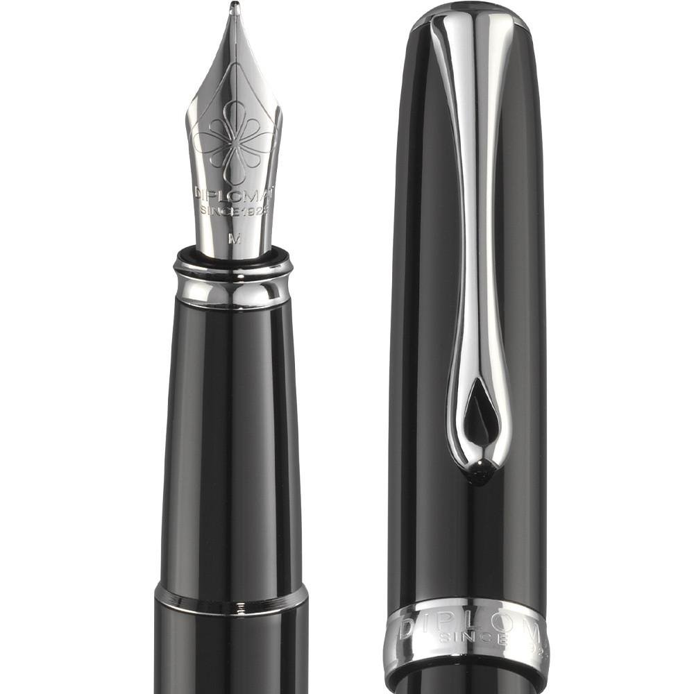Premium Diplomat Excellence A2 Fountain Pen with Steel Extra Fine Nib - Elegant Black Lacquer for Writing, Calligraphy & Gift Giving - Perfect for Professionals, Students & Collectors