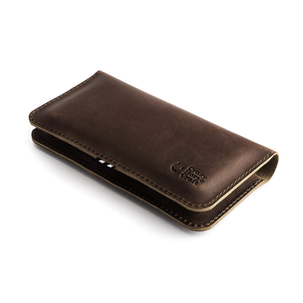Genuine Leather Dual Phone Case for iPhone 15 Pro Max/Plus, 14/13/12 Series & Mini - Wood Brown Wallet Pouch with Wool Felt Lining | Perfect for Business Travel, Daily Commute & Phone Protection
