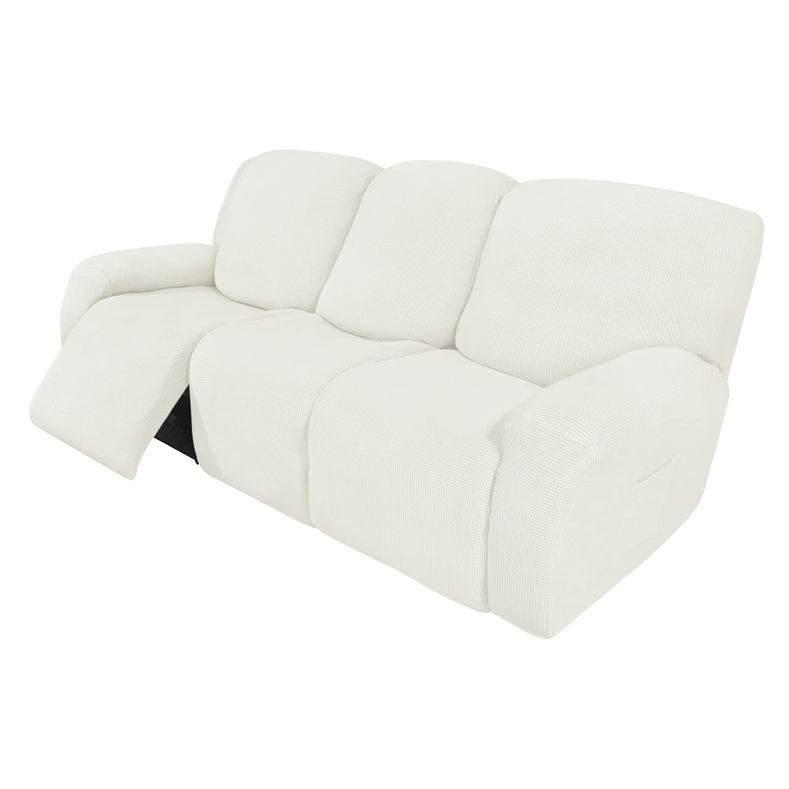 8-Piece Stretch Sofa Slipcover Set - Spandex Jacquard Fabric with Elastic Bottom - Soft Furniture Protector for Recliner & Couch - Small Checks Cream Design - Perfect for Living Room, Family Room & Kids' Play Area