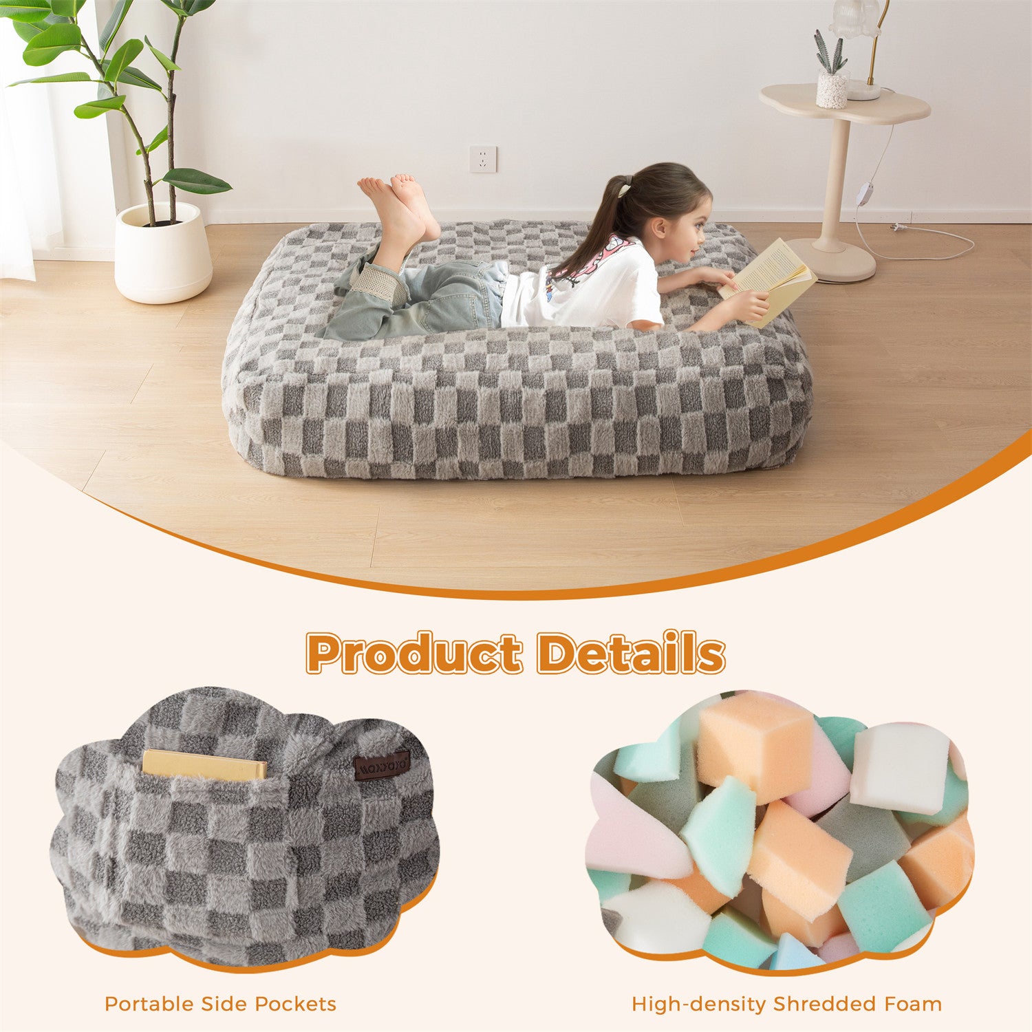MAXYOYO Kids Bean Bag Chair Convertible to Bed - Soft Jacquard Shaggy Plush Removable Cover, Grey Plaid Design for Boys & Girls - Perfect for Playroom, Bedroom, Dorm or Lounge Area