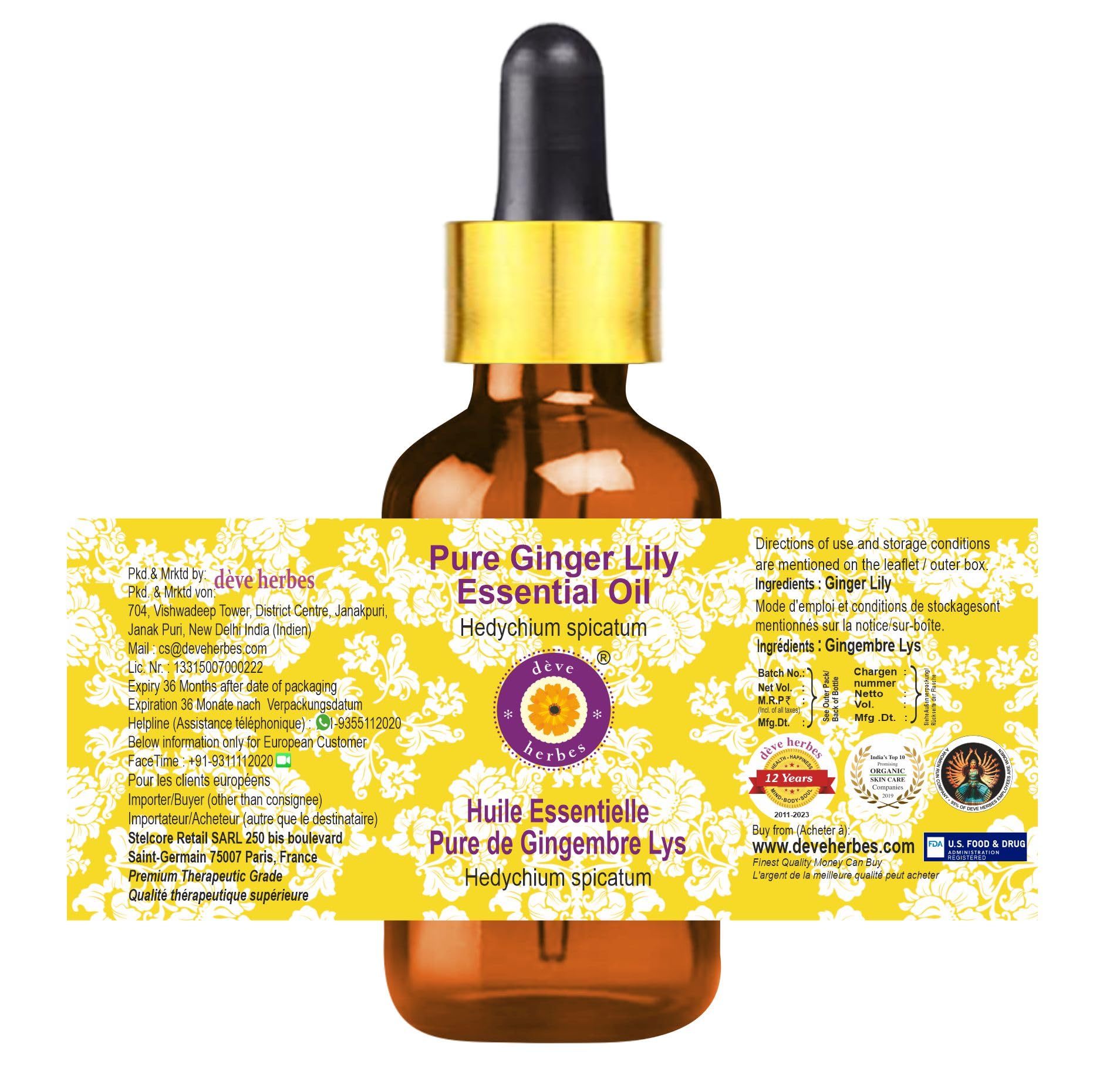 Pure Ginger Lily Essential Oil (Hedychium spicatum) - 5ml Steam Distilled with Glass Dropper - Natural Aromatherapy for Relaxation, Massage & Skin Care