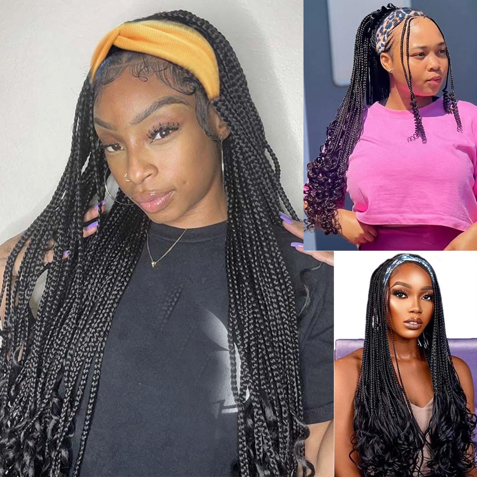 Black Box Braided Headband Wig with Curly Ends for Women - Crochet Braiding Hair with Natural Look | Perfect for Protective Styling, Cosplay & Everyday Wear