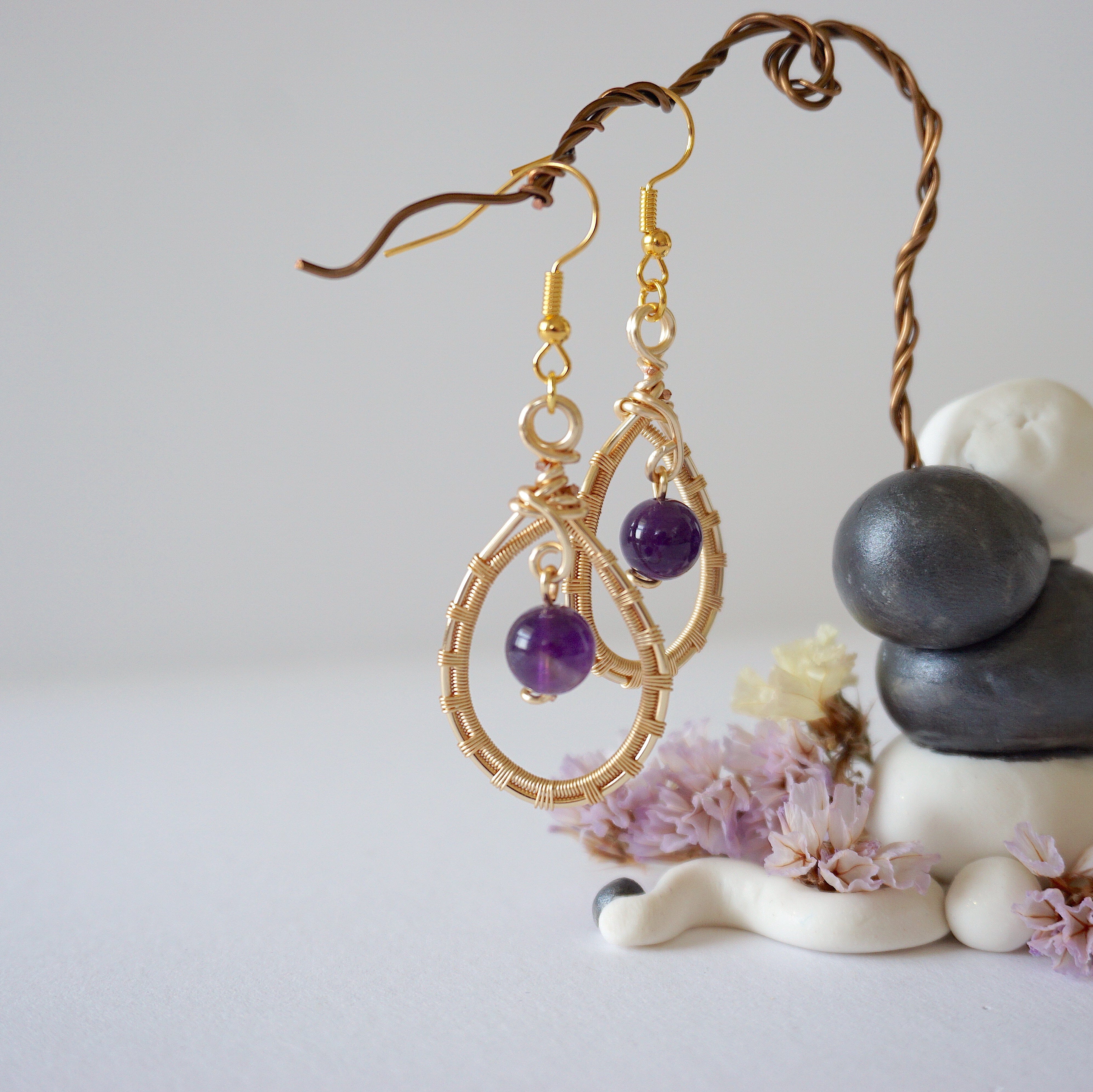 Amethyst Round Wire Earrings - Gold Plated Dangle Earrings for Women | Elegant Jewelry Gift for Birthday, Wedding & Party | Hypoallergenic & Tarnish-Free