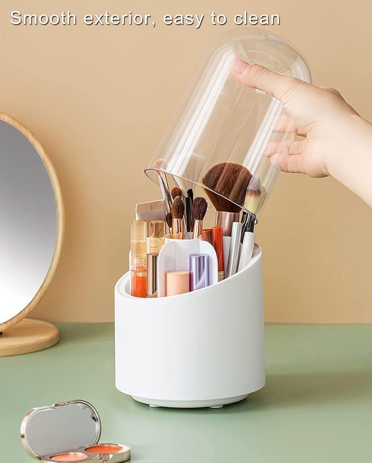 Rotating Makeup Brush Holder with Lid - Acrylic Cosmetic Organizer for Desk & Vanity
