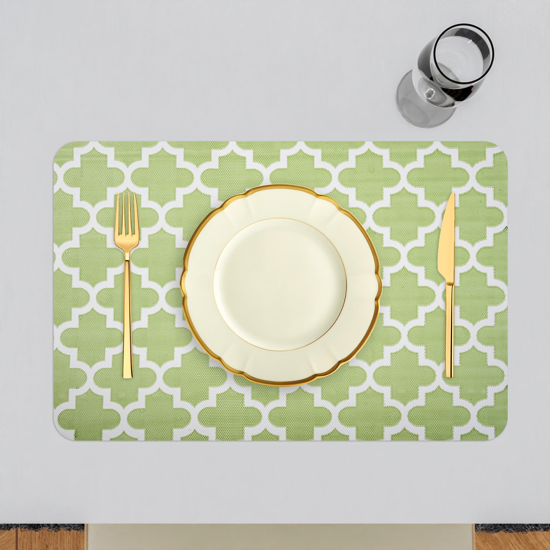 Kuber Industries PVC Anti-Slip Placemats Set - Hexagon Design Kitchen & Dining Table Mats, 6-Piece Green Placemat Set for Home Decor & Daily Use