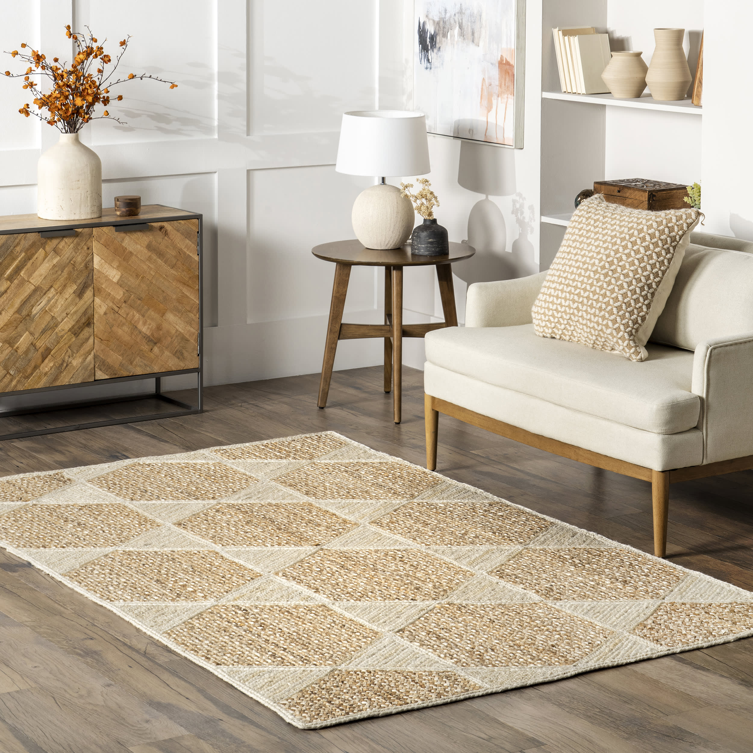 Adhara Jute Honeycomb Rug in Ivory - Natural Eco-Friendly Woven Floor Mat for Living Room, Bedroom & Boho Home Decor
