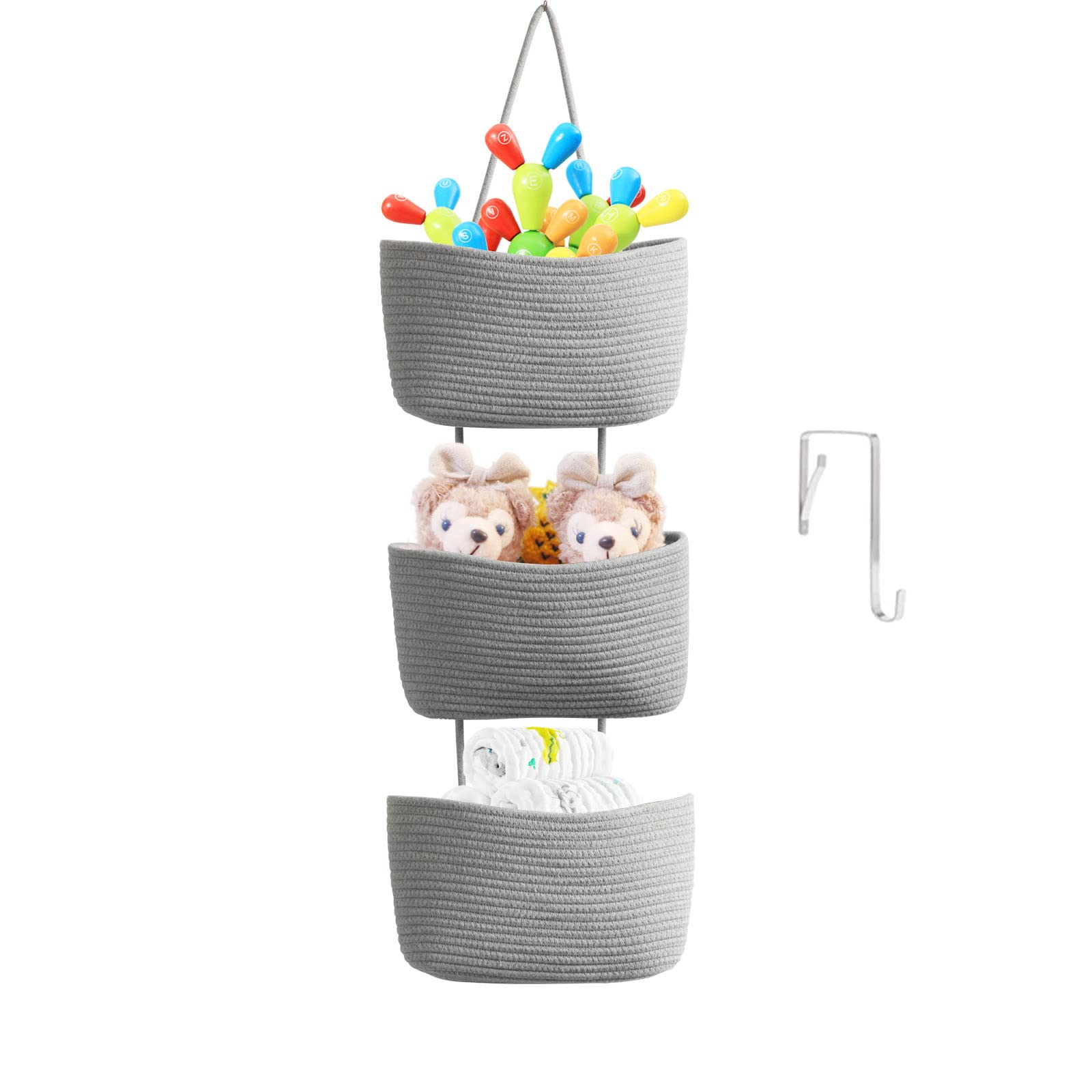 3-Tier Woven Cotton Over the Door Organizer - Gray Hanging Storage Baskets for Kitchen, Bathroom & Bedroom | Space-Saving Wall-Mounted Decorative Rope Baskets with Hooks | Perfect for Pantry Organization, Towel Storage & Small Item Clutter Control