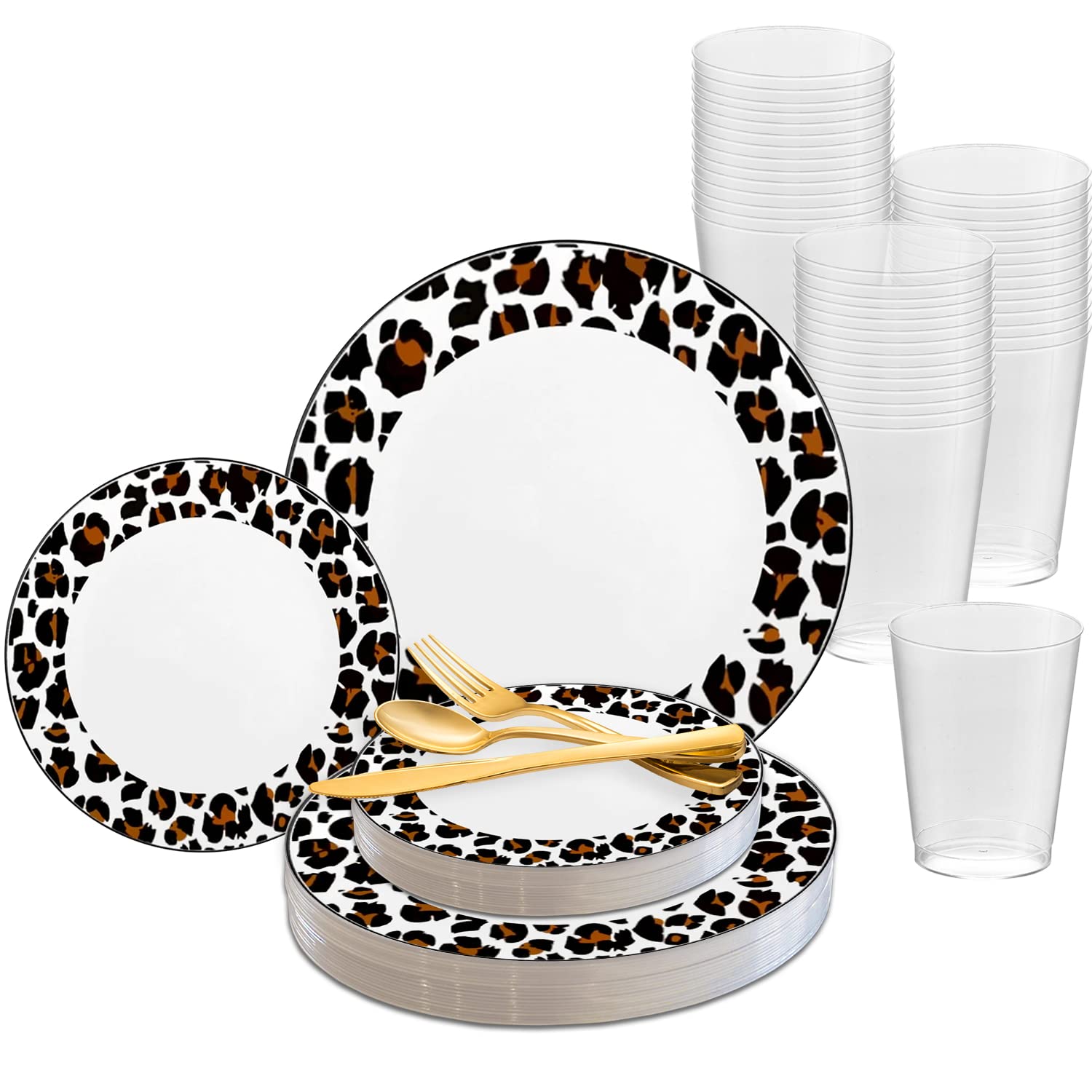 Eco-Friendly White Plastic Plates Wedding Set - Disposable Jungle Theme Dinner & Salad Dishes with Silver Cutlery (Spoon, Fork, Knife) and Clear Cups - 120-Person Pack in White with Black & Brown Leopard Print - Perfect for Weddings, Parties, and Outdoor Events