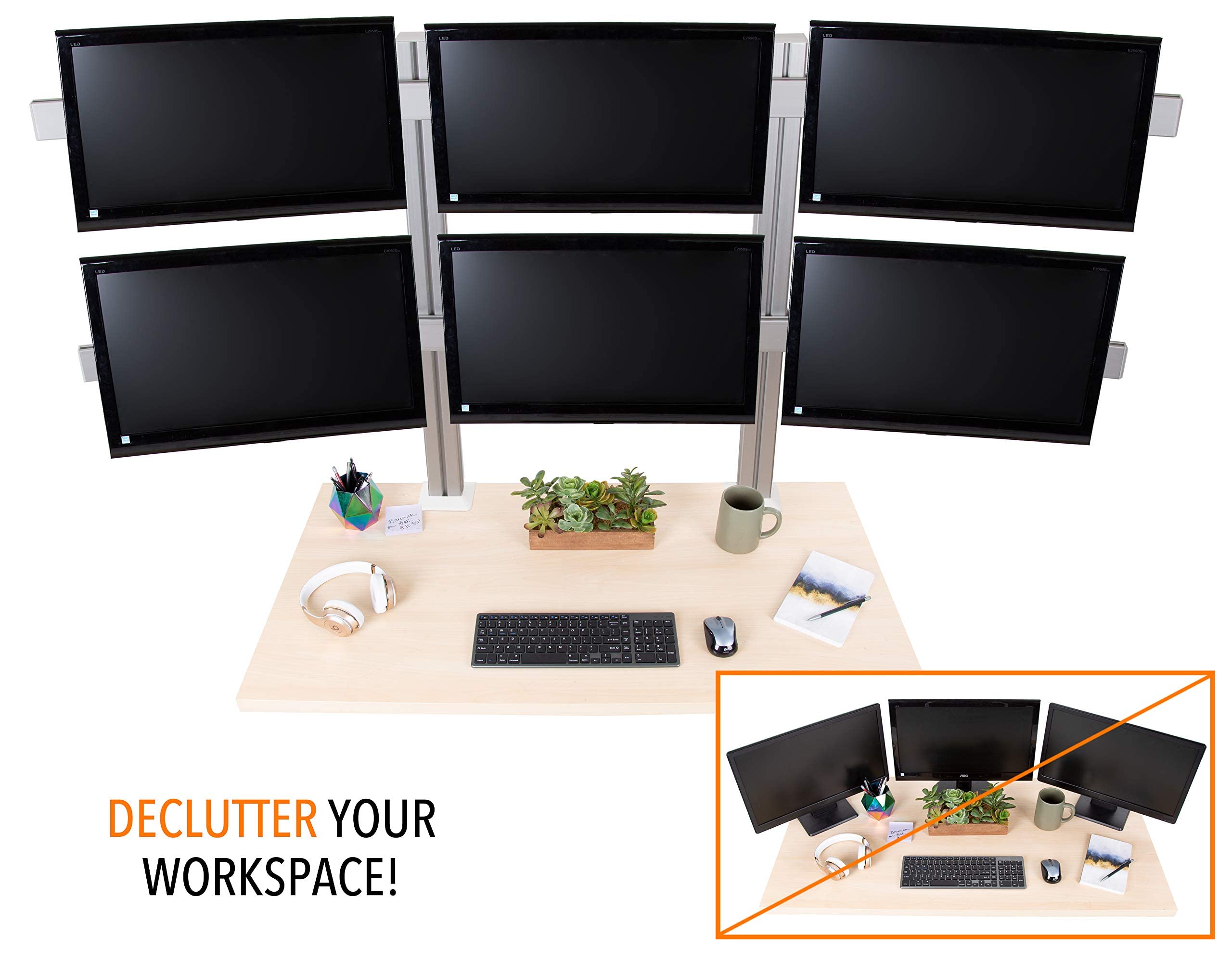 Heavy-Duty 6 Monitor Stand with Adjustable Height & Swivel Arm - VESA Mount for 6 LCD/LED Screens 17-32 inches, Clamp-On Base (Silver) - Perfect for Gaming Setup, Office Workstation & Multi-Tasking Professionals