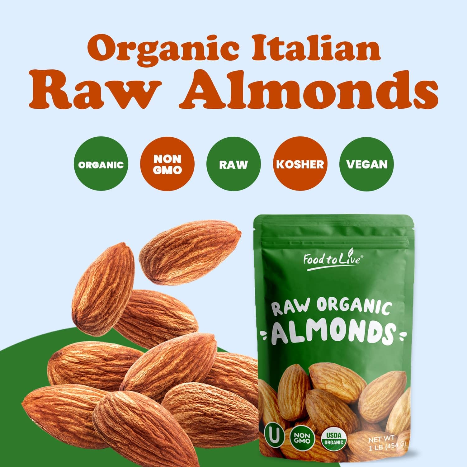 Food to Live Organic Almonds, 15 Pounds - Non-GMO, Whole, Raw, Shell-Free, Unsalted, Vegan, Kosher, Bulk | Keto & Paleo Friendly Snack | Rich in Vitamin E & Protein | Perfect for Almond Milk, Nut Butter, Baking & Healthy Desserts | Ideal for Smoothies, Salads & Meal Prep