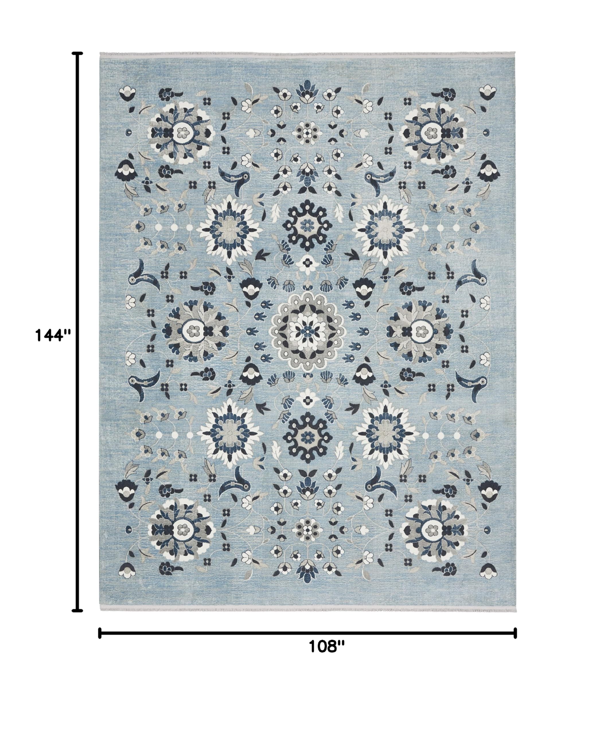 Nourison Lennox Light Blue Grey 9' x 12' Area Rug - Farmhouse Floral Design, Easy to Clean, Non-Shedding - Perfect for Bedroom, Living Room, Dining Room & Kitchen Decor | Home & Office Use