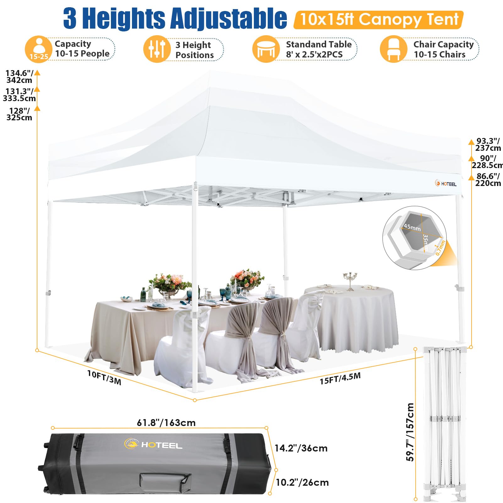 HOTEEL 10x15 Heavy Duty Pop Up Canopy Tent with 4 Sidewalls - Easy Setup Hexagonal Frame Commercial Gazebo for Outdoor Events, Weddings & Parties - Includes Roller Bag & Sand Bags (White) - Perfect for Backyard Gatherings, Farmers Markets & Beach Outings