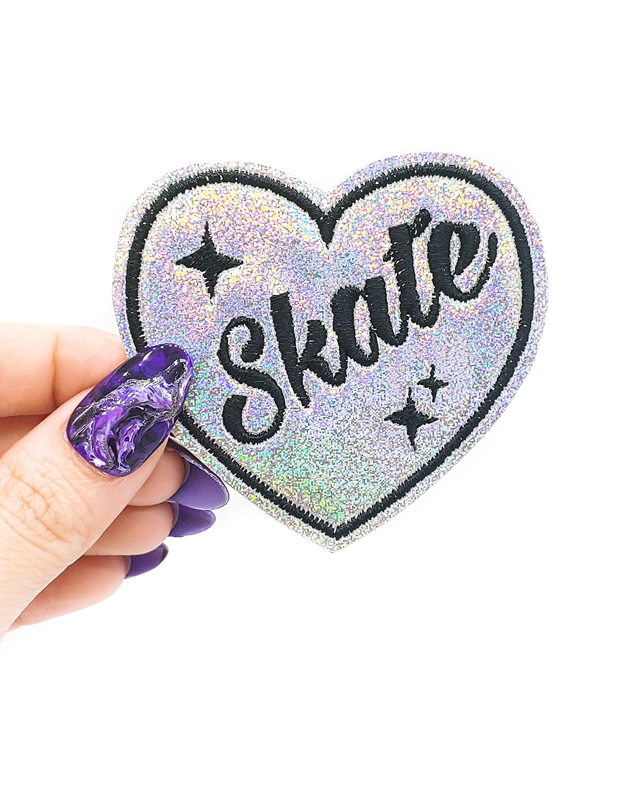 Holographic Glitter Vinyl Iron-On Embroidered Skate Heart Patch for Jackets, Bags & DIY Crafts - DIY Fashion Accessory for Skaters & Teens