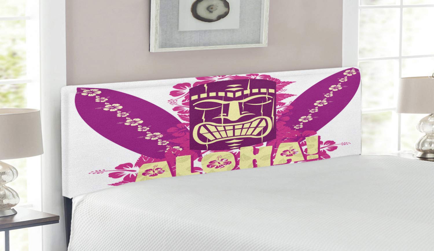 Ambesonne Tiki Bar Headboard - Queen Size Upholstered Metal Bed Frame with Memory Foam | Hand-Painted Hawaiian Hibiscus & Surfboard Design in Pale Yellow & Hot Pink | Tropical Bedroom Decor for Beach House, Vacation Rental or Tiki-Themed Room