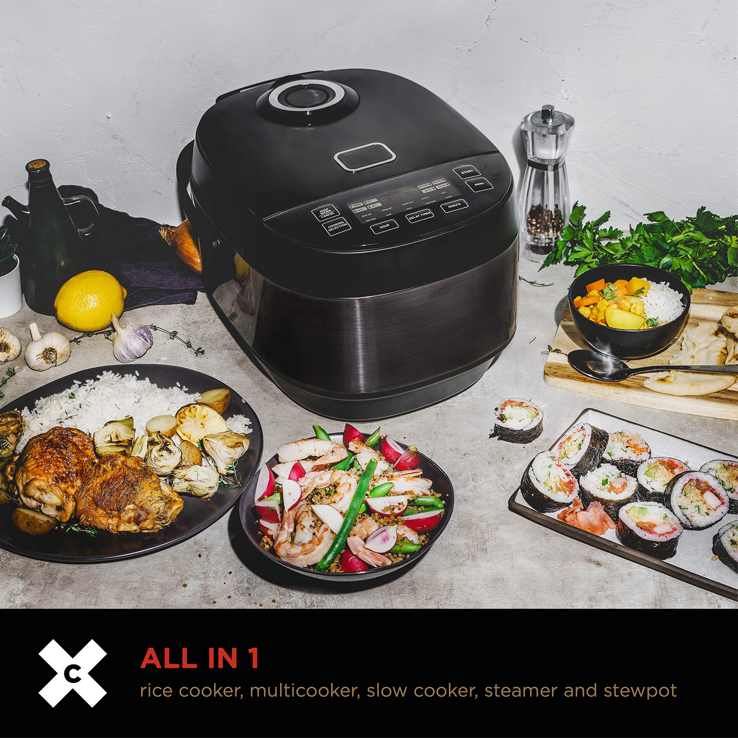 **CRUX 20-Cup Induction Rice Cooker & Multi-Cooker – Electric Food Steamer, Slow Cooker, Stew Pot – One-Pot Healthy Meals – Dishwasher Safe Non-Stick Inner Pot – Perfect for Family Dinners, Meal Prep & Large Gatherings – Black**