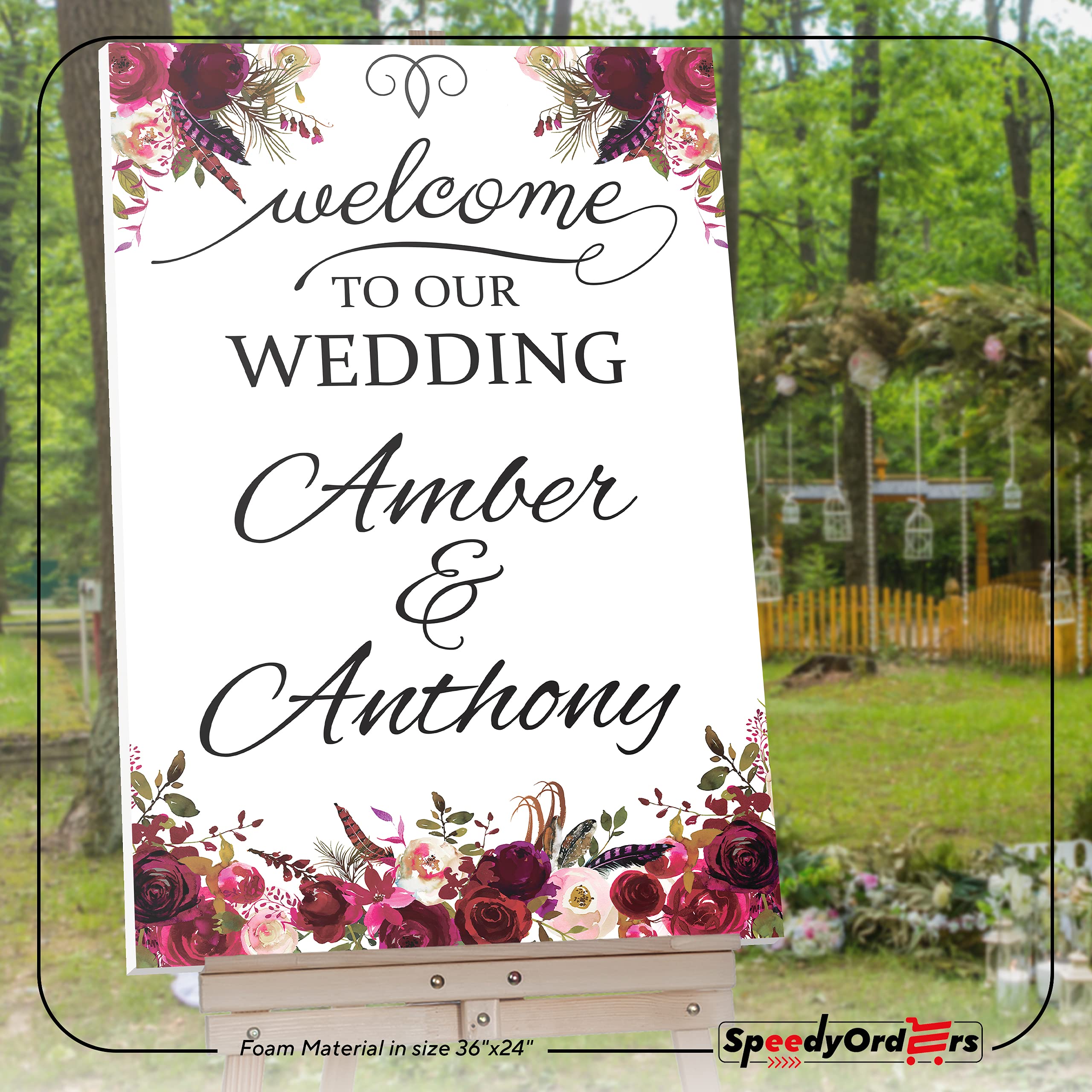 SPEEDYORDERS Roses Themed Wedding Welcome Sign - Elegant PVC Board Reception Poster for Ceremony Decor - Perfect for Wedding Entrance, Guest Table & Photo Backdrop