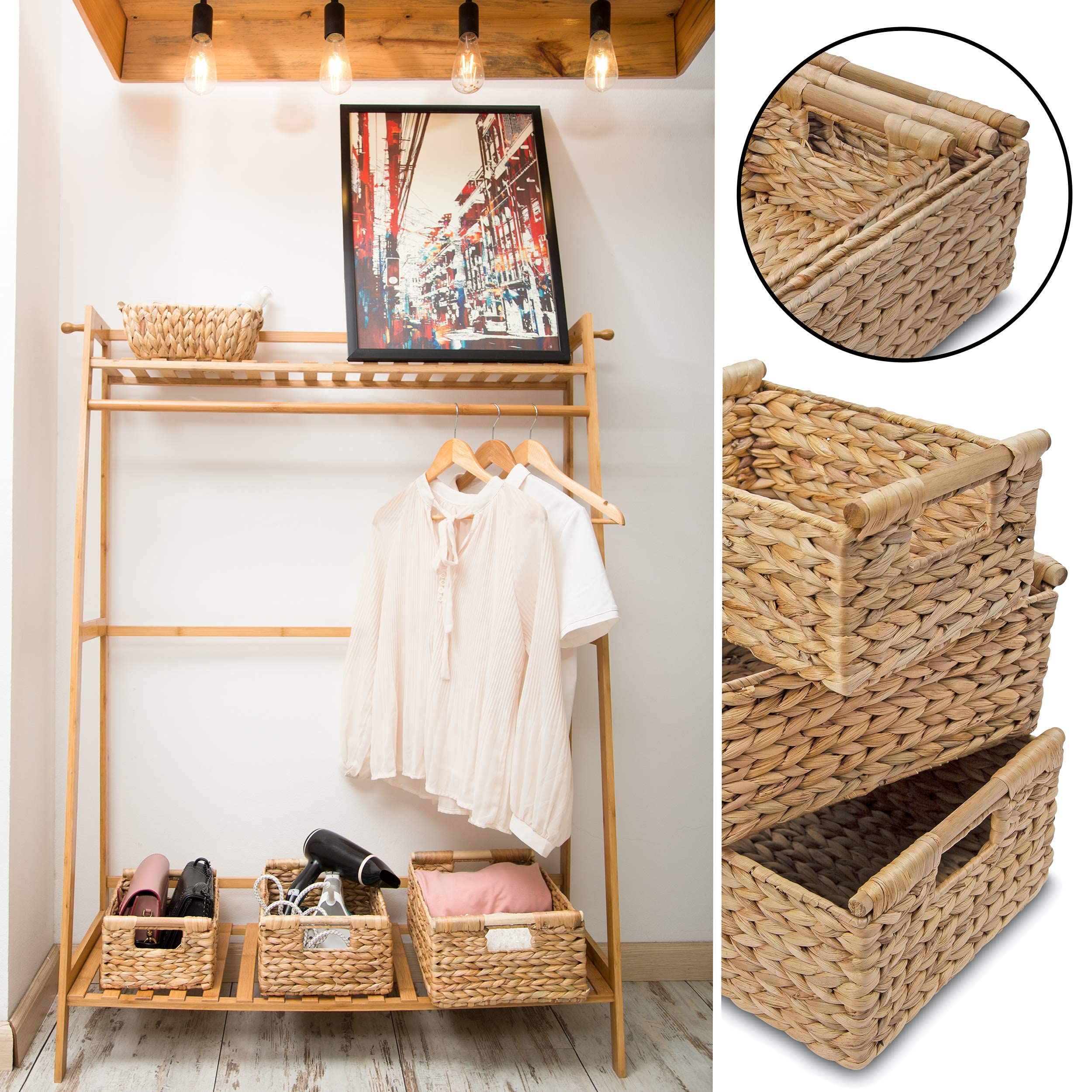 Natural Wicker Storage Baskets with Wooden Handles - Water Hyacinth & Seagrass Rectangular Organizing Bins for Shelves, Closet, and Home Decor | Perfect for Bedroom, Bathroom, and Living Room Storage Solutions