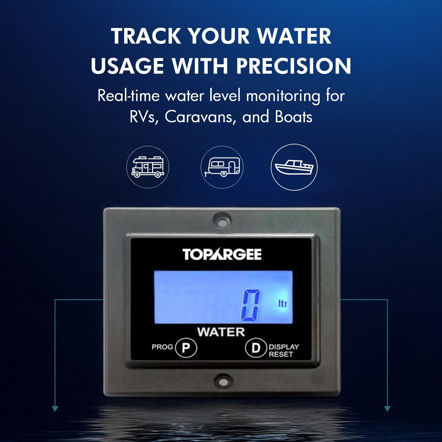 Topargee Flush Mount Water Tank Gauge H2F-FM - Accurate Water Level Monitor for RV, Boat & Home Use - Measures in Liters/Gallons - Know Exact Water Remaining for Camping, Travel & Emergency Preparedness